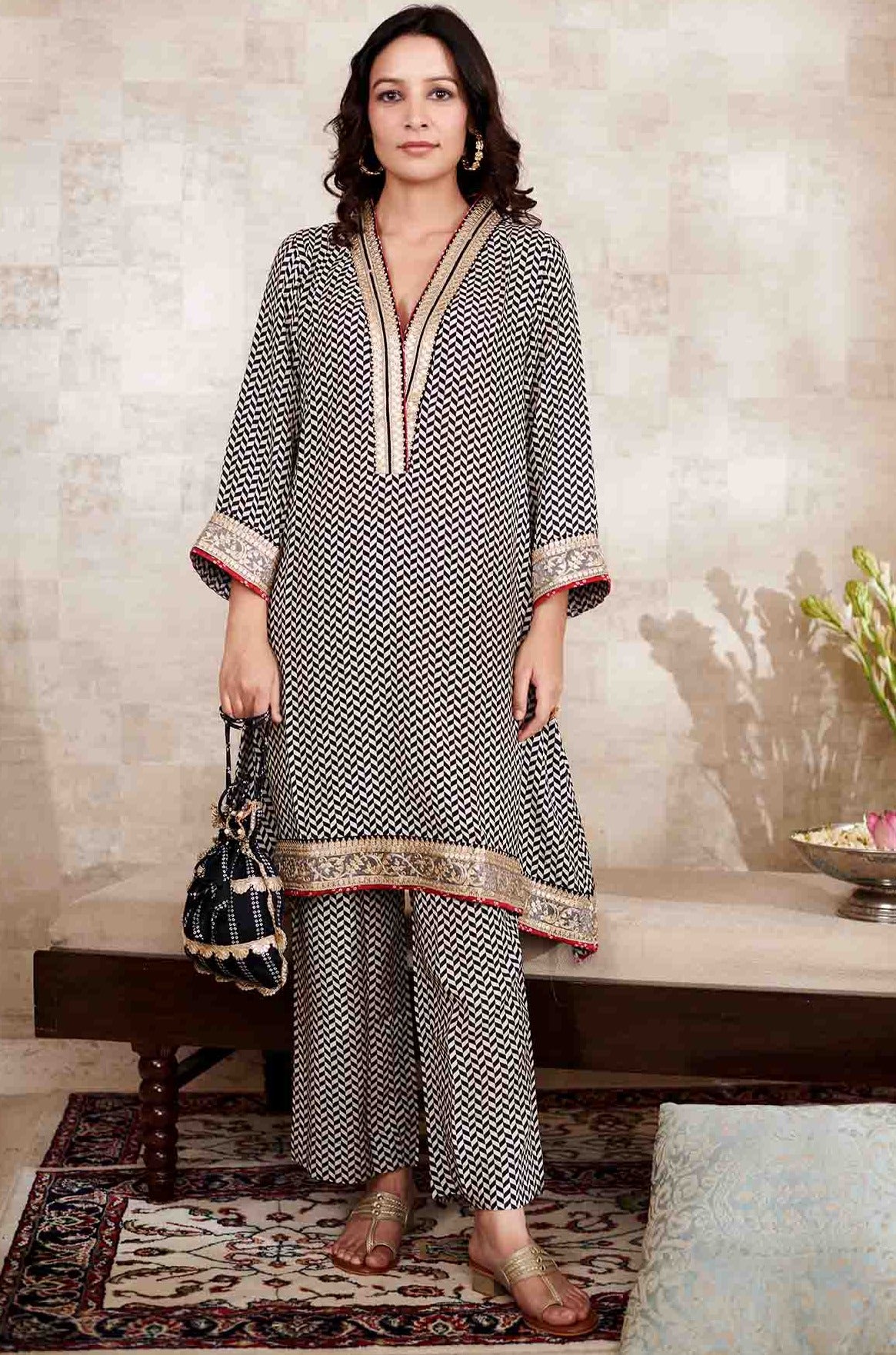 Black Cotton Silk Print Chevron Vector V Neck Kurta Pant Set