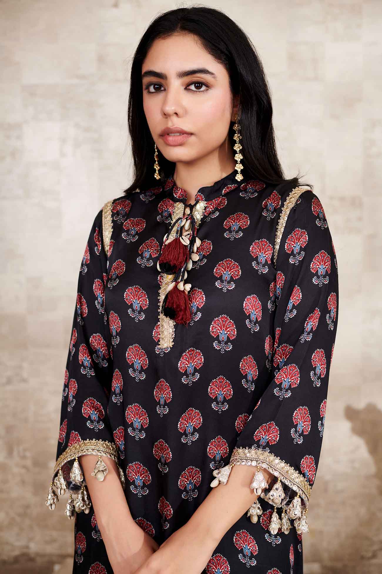 Black Cupro Satin Printed Floral Band Collar Embroidered Kurta Pant Set With Dupatta
