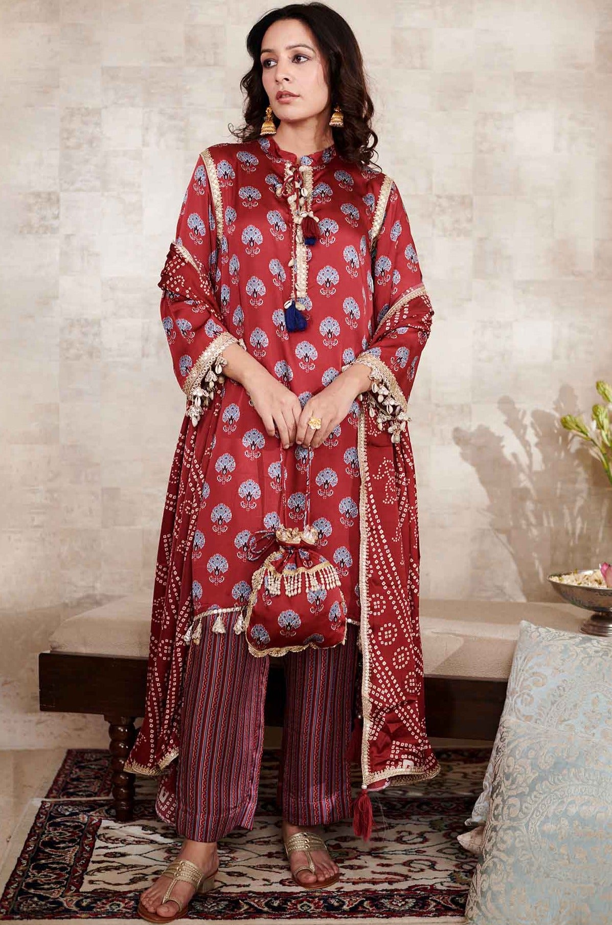 Maroon Cupro Satin Printed Ajrakh Band Collar Embroidered Kurta Pant Set With Dupatta