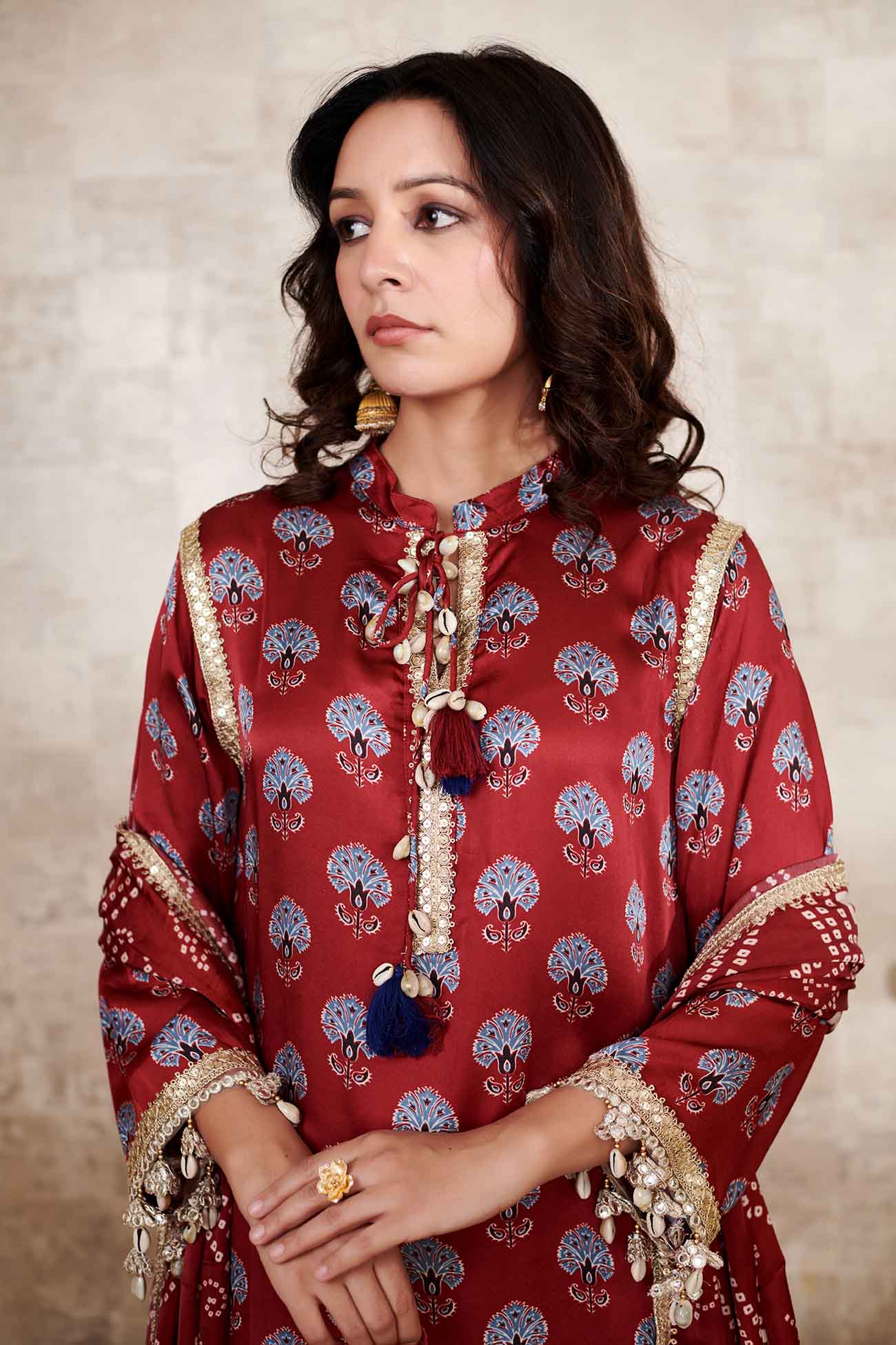 Maroon Cupro Satin Printed Ajrakh Band Collar Embroidered Kurta Pant Set With Dupatta
