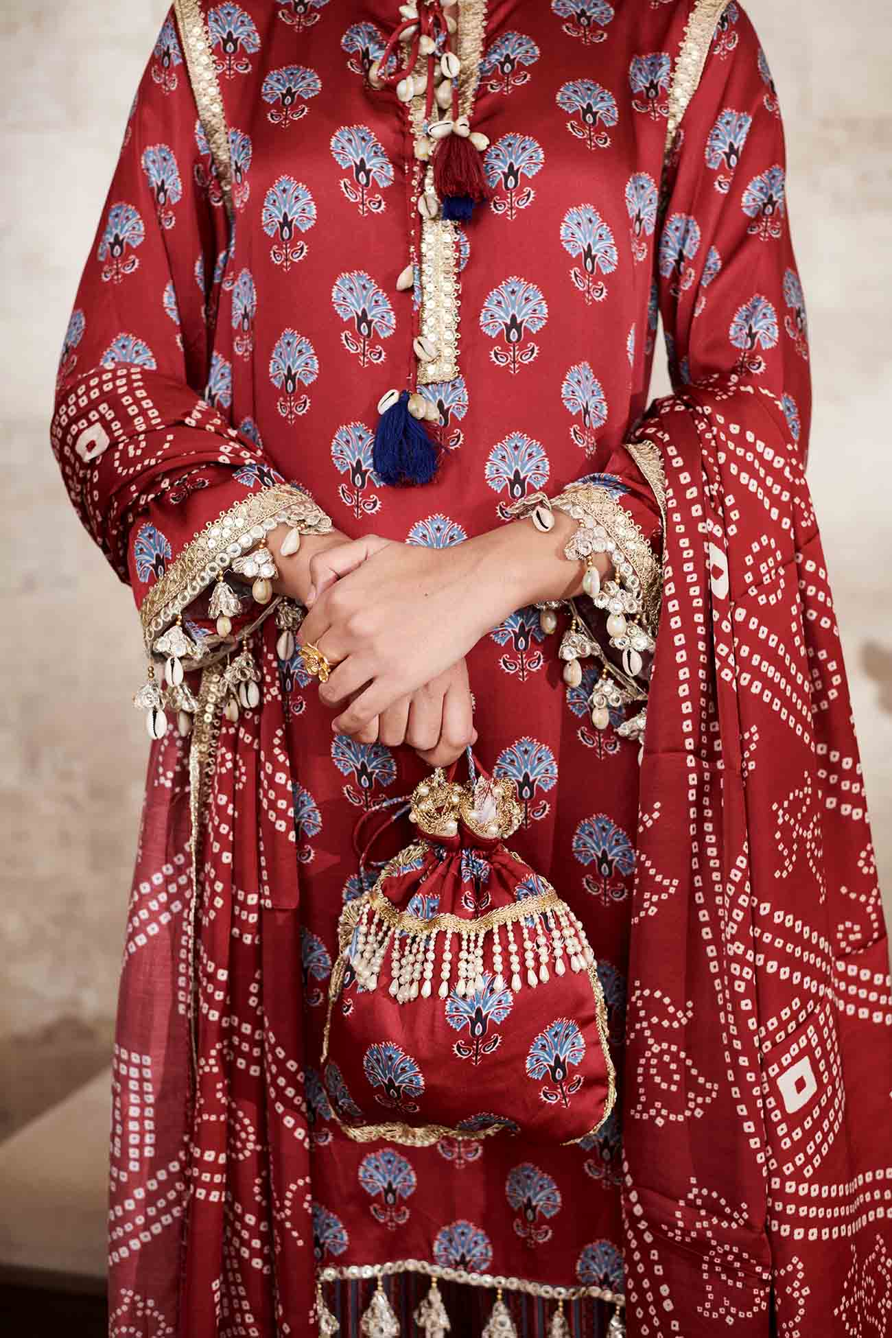 Maroon Cupro Satin Printed Ajrakh Band Collar Embroidered Kurta Pant Set With Dupatta