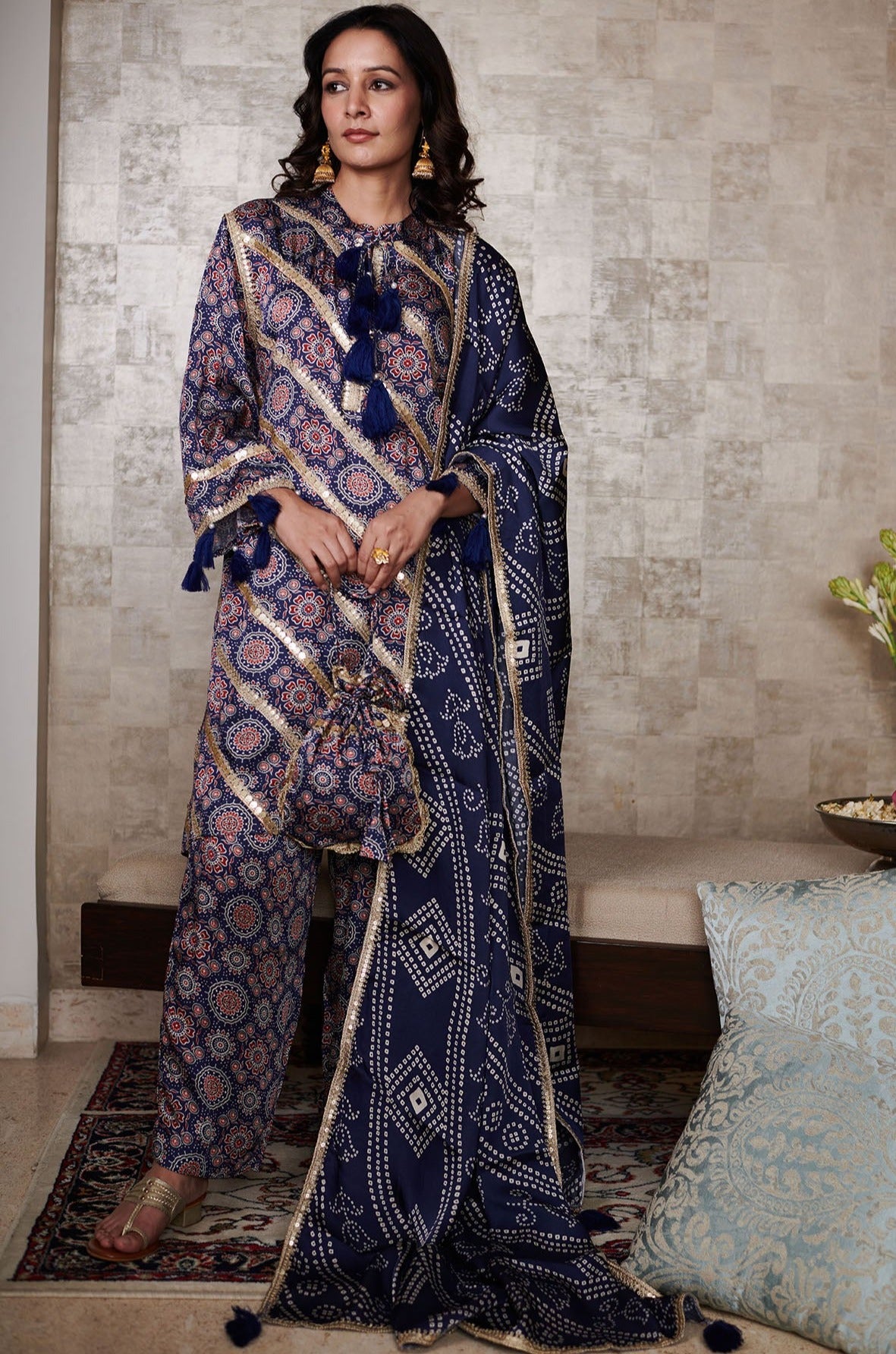 Blue Cupro Satin Printed Floral Mandarin Collar Kurta Pant with Dupatta Set