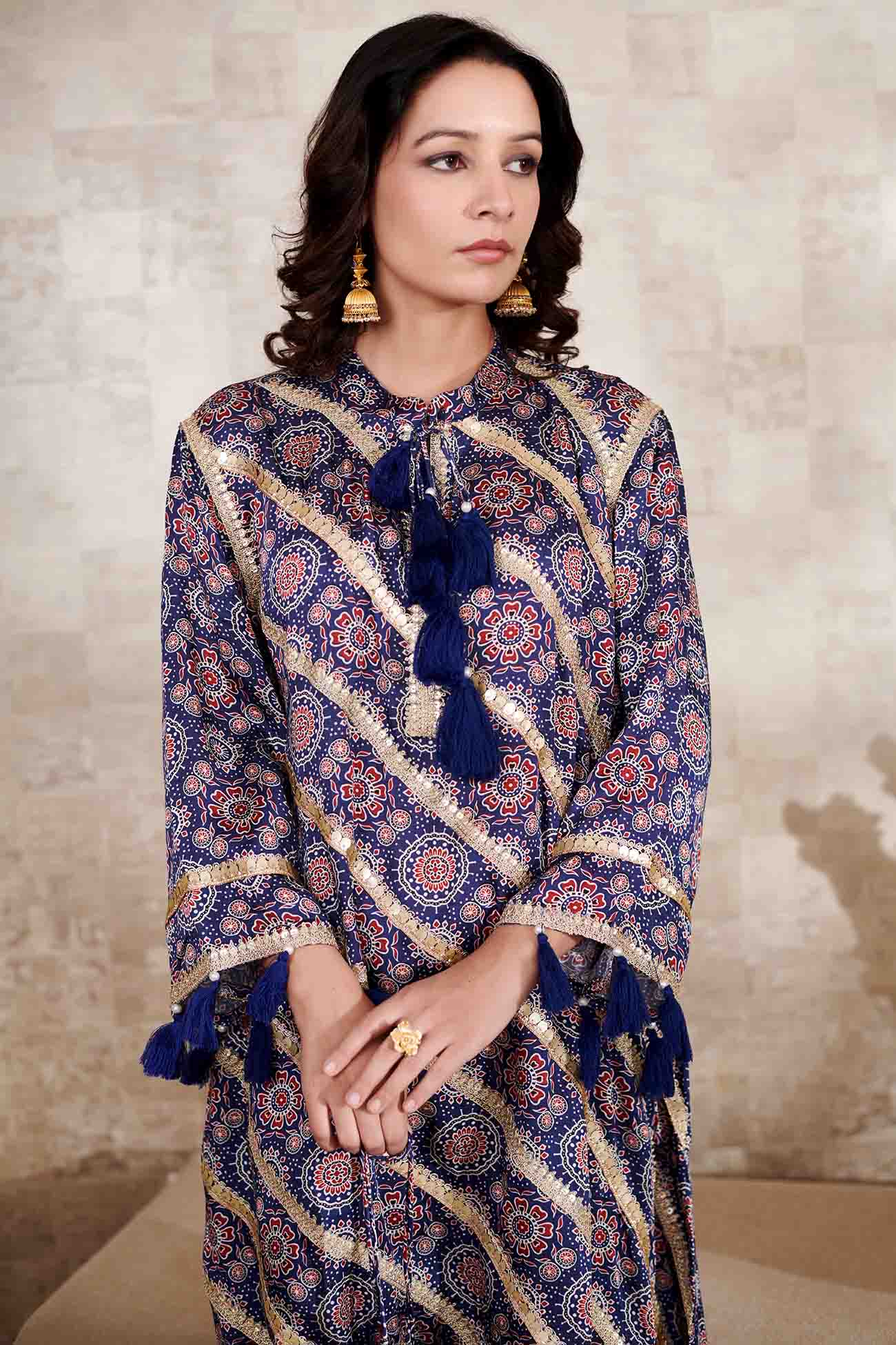 Blue Cupro Satin Printed Floral Mandarin Collar Kurta Pant with Dupatta Set