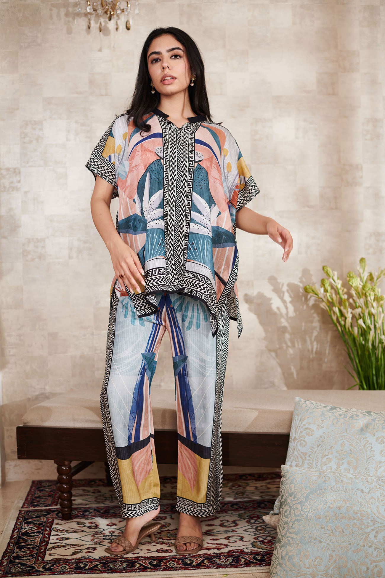 Blue Cotton Silk Print Fleur Art Mandarin Collar Top With Pant