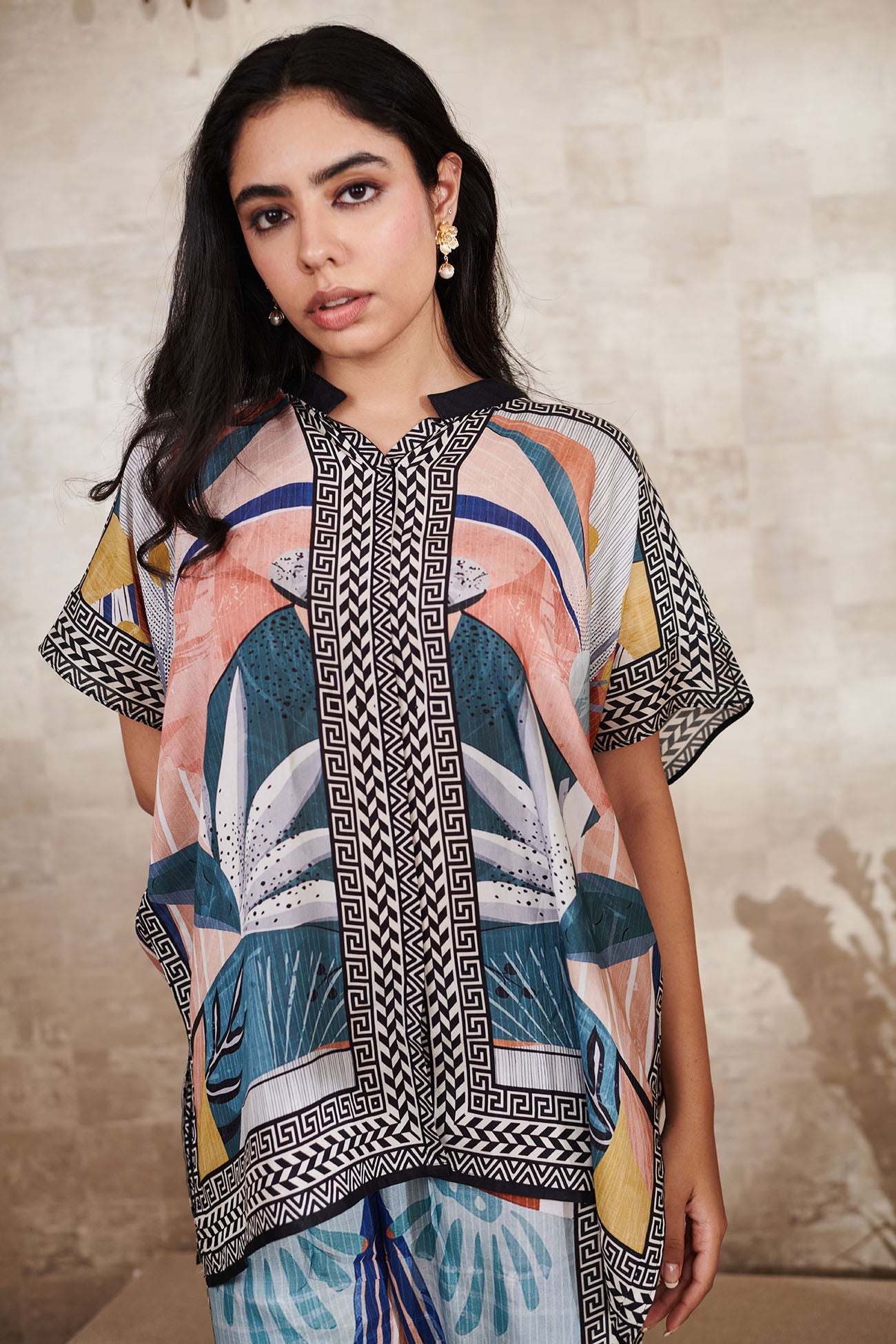 Blue Cotton Silk Print Fleur Art Mandarin Collar Top With Pant