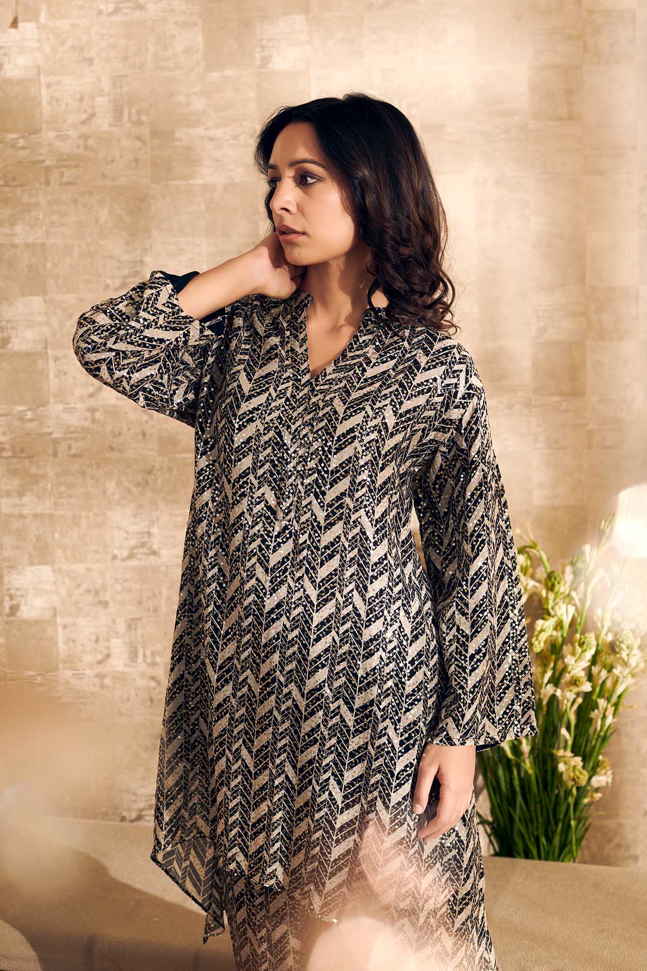 Black Georgette Embroidered Mandarin Printed Tunic And Pant Set