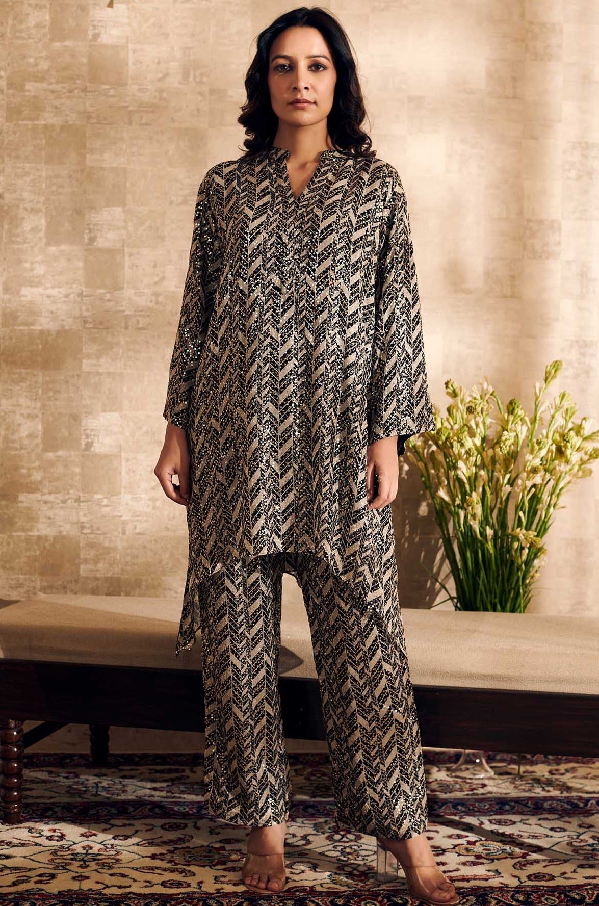 Black Georgette Embroidered Mandarin Printed Tunic And Pant Set