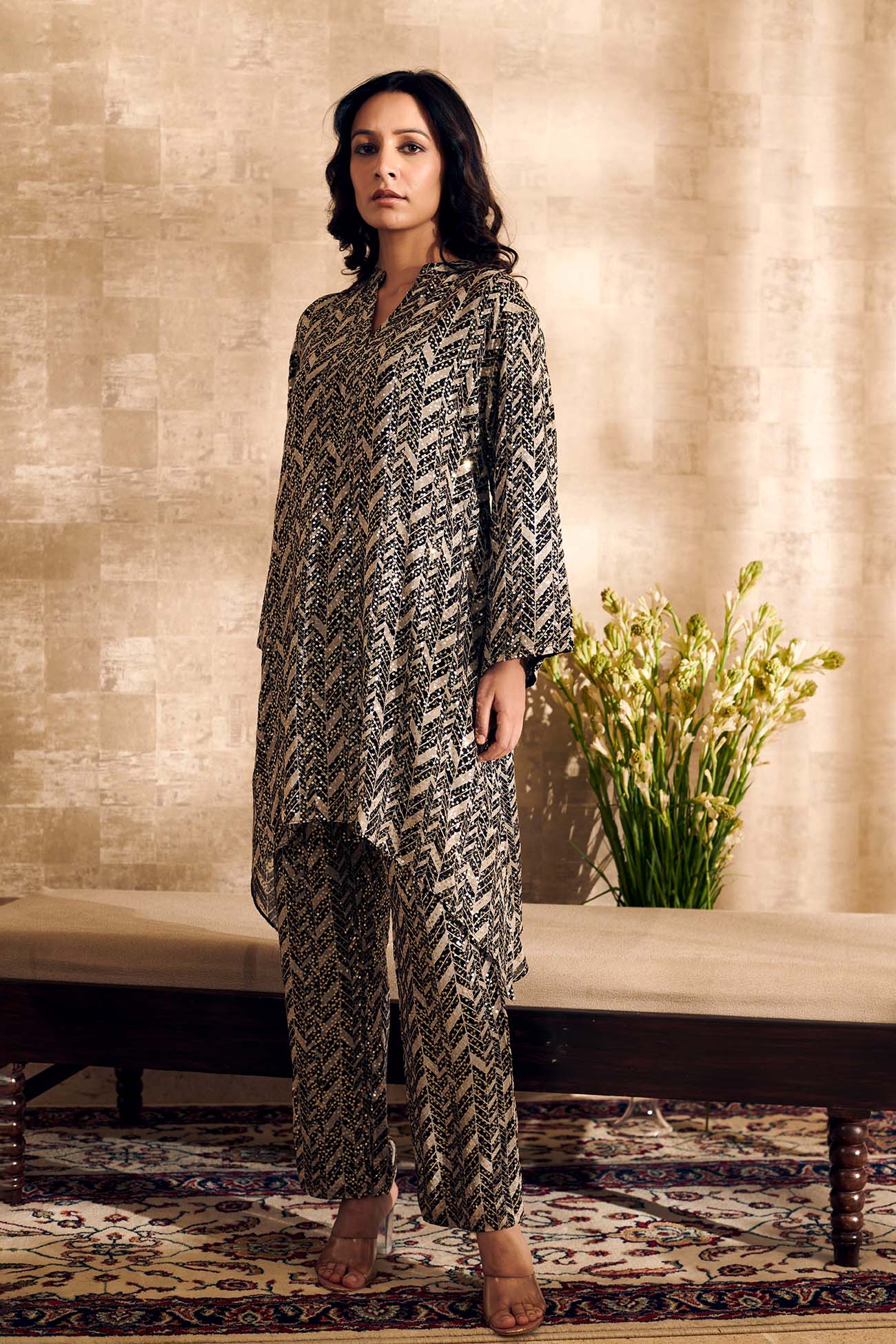 Black Georgette Embroidered Mandarin Printed Tunic And Pant Set