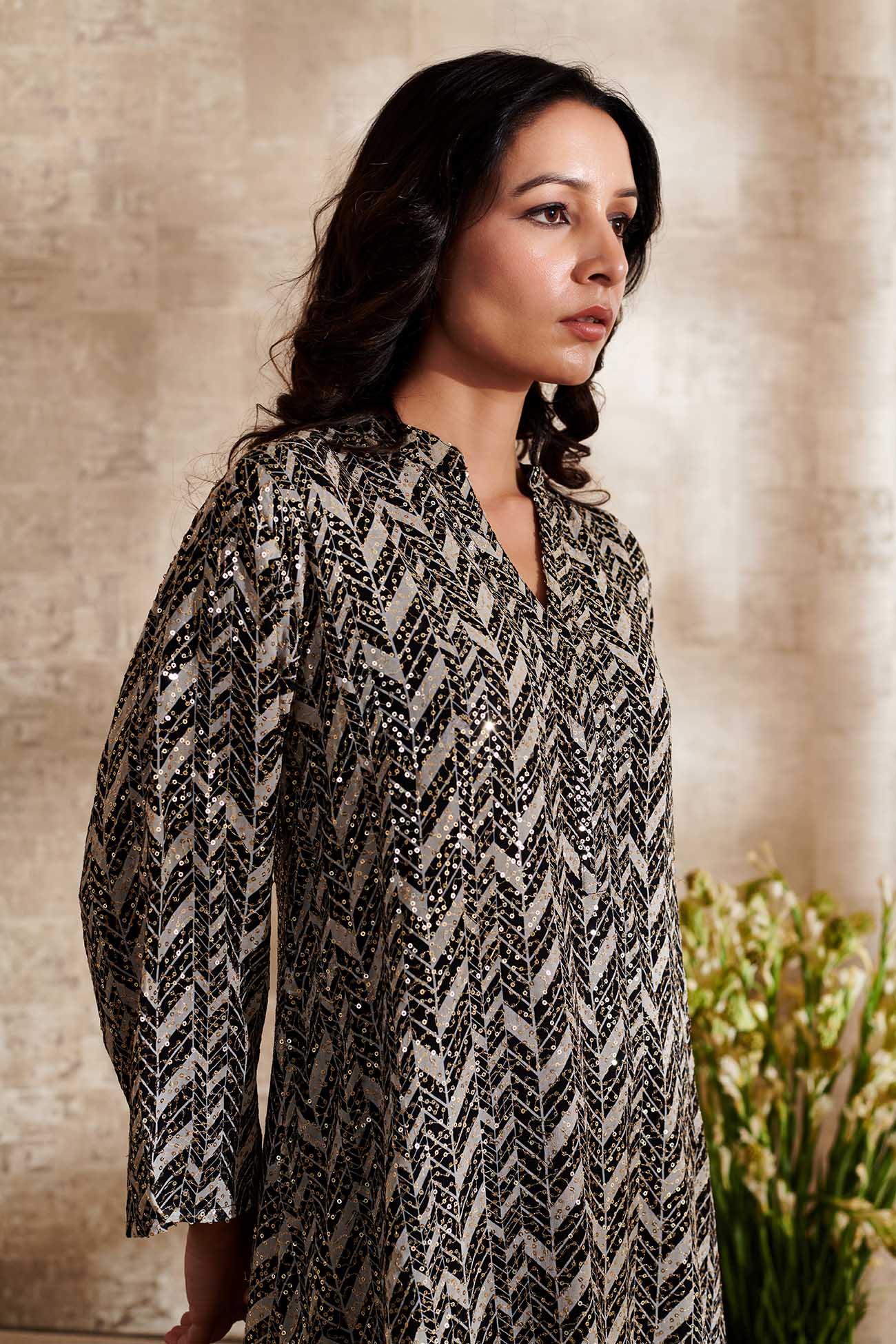 Black Georgette Embroidered Mandarin Printed Tunic And Pant Set