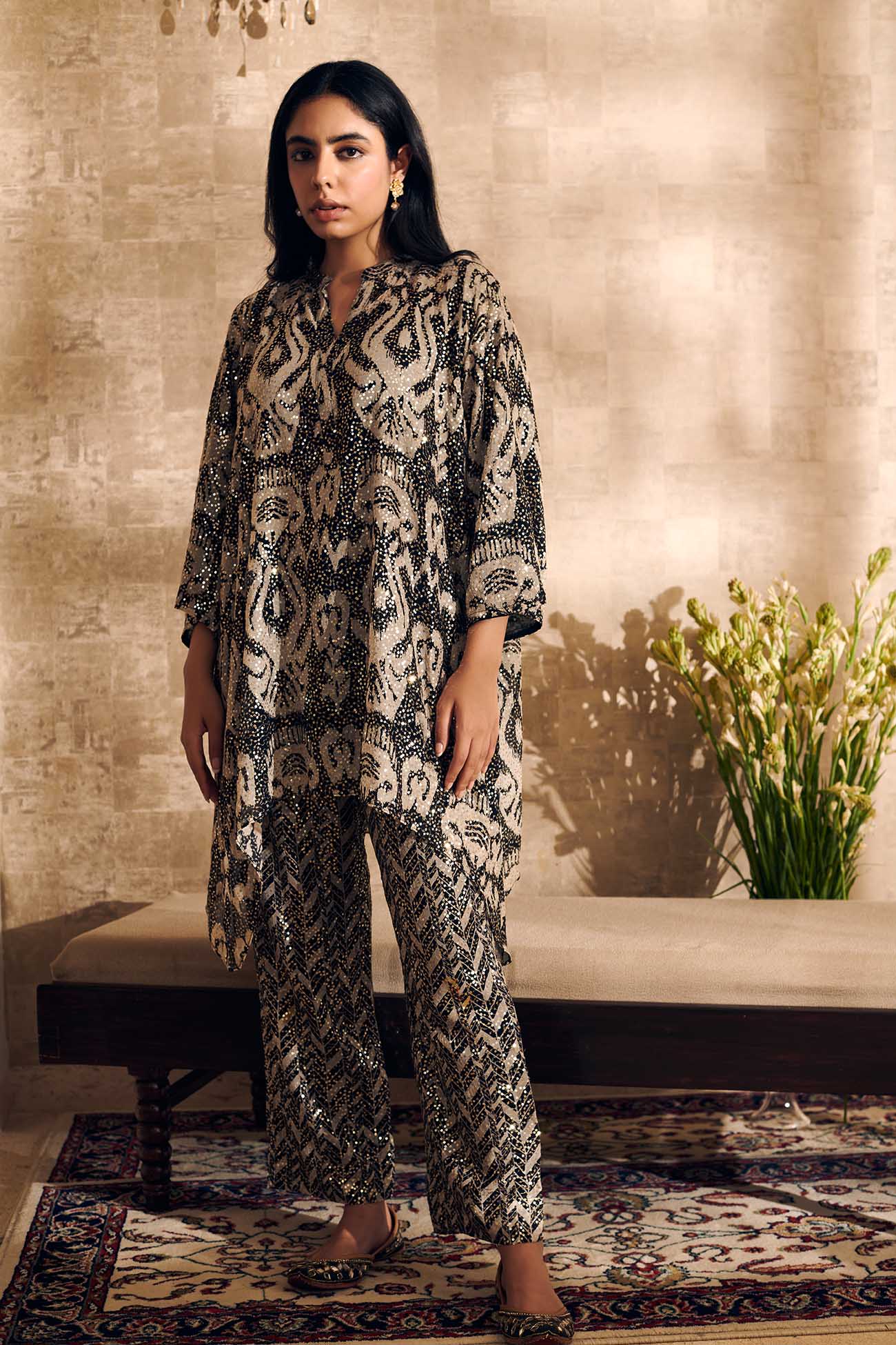 Black Georgette Embroidered Mandarin Collar Tunic And Pant Set