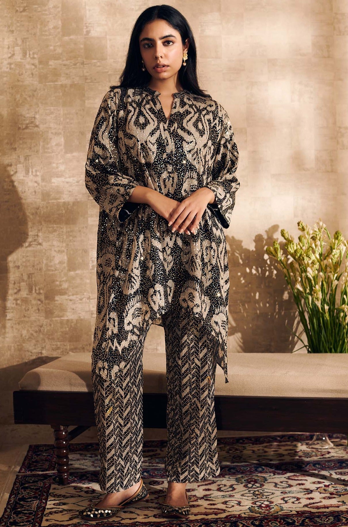 Black Georgette Embroidered Mandarin Collar Tunic And Pant Set