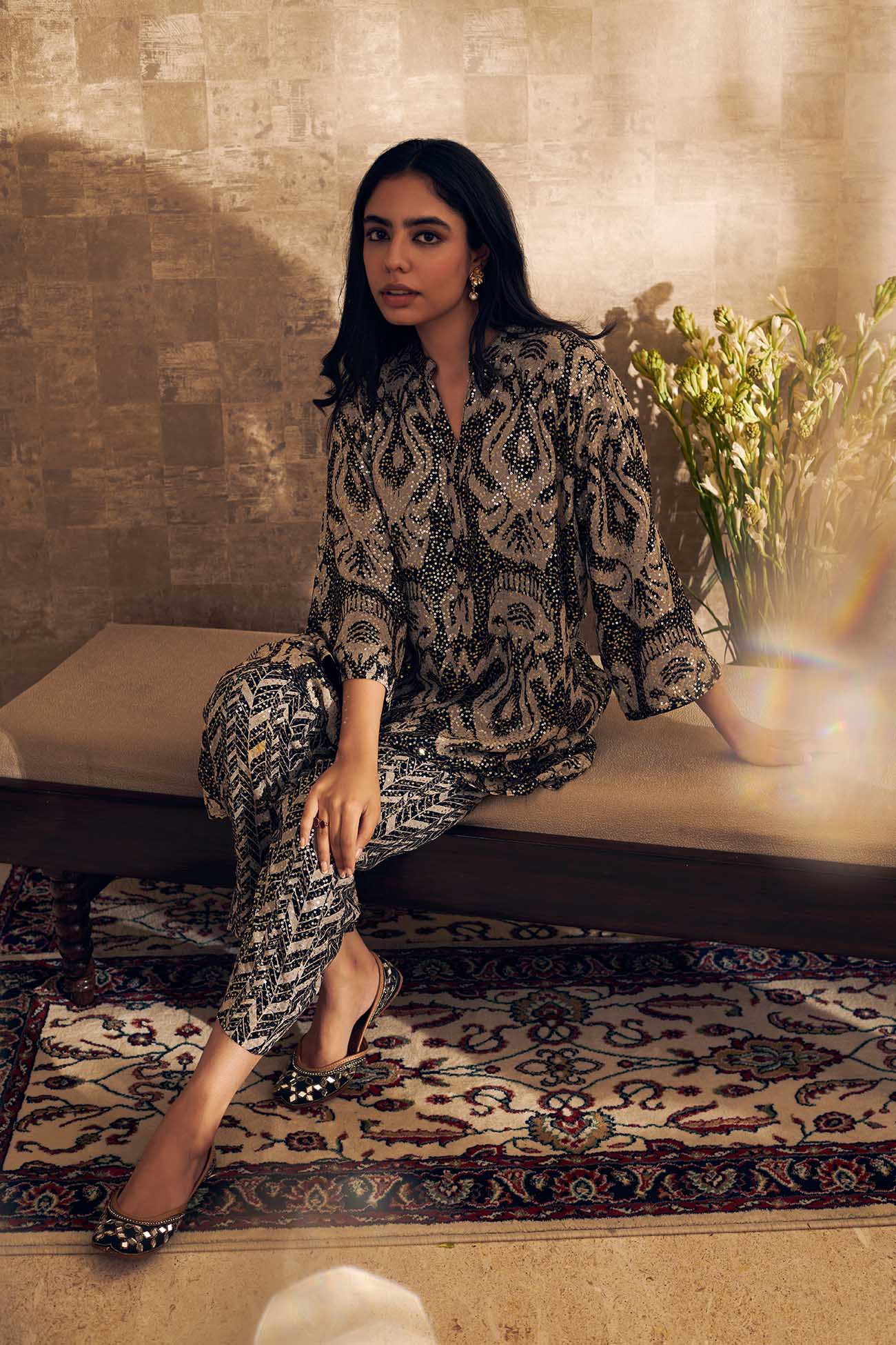 Black Georgette Embroidered Mandarin Collar Tunic And Pant Set