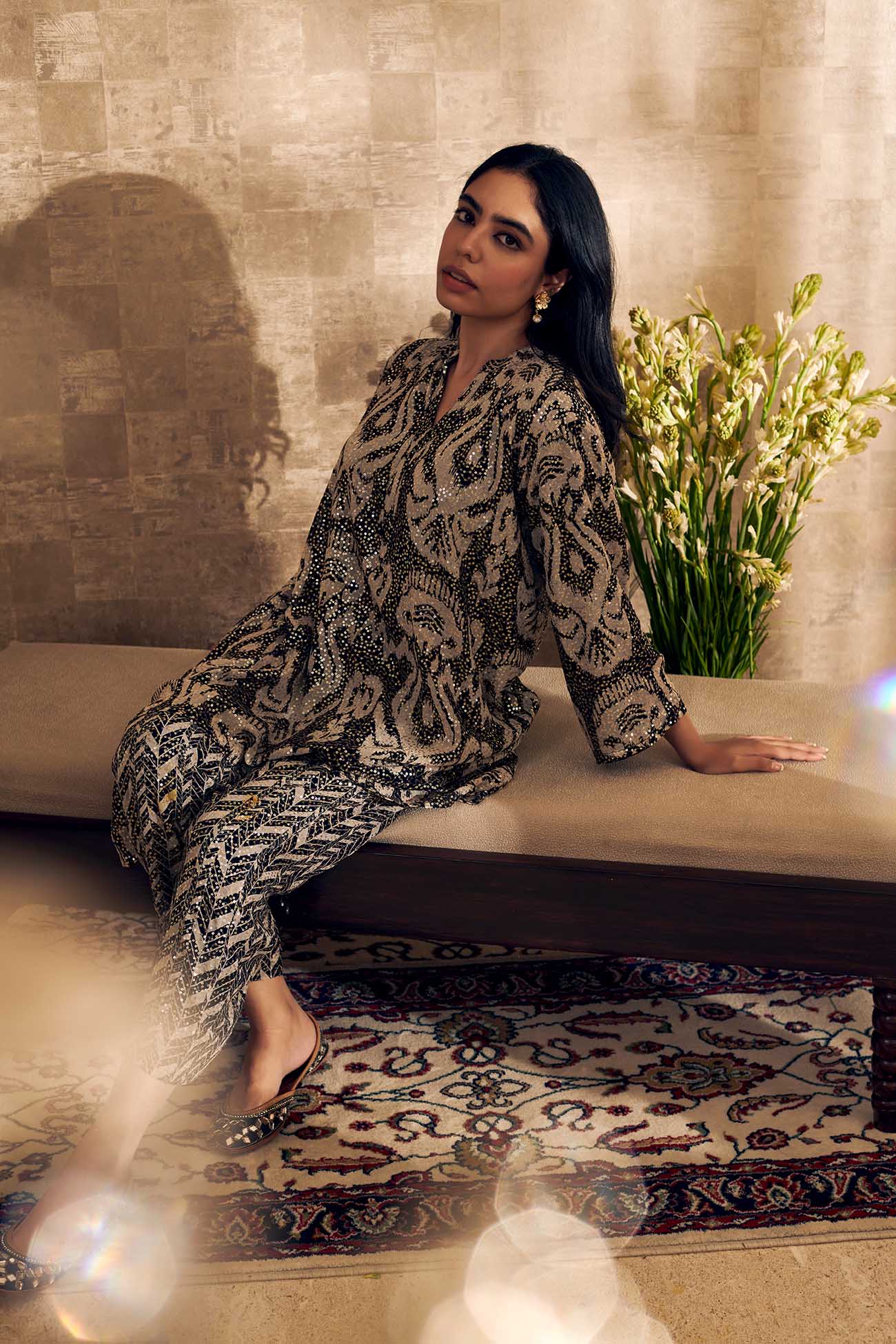 Black Georgette Embroidered Mandarin Collar Tunic And Pant Set