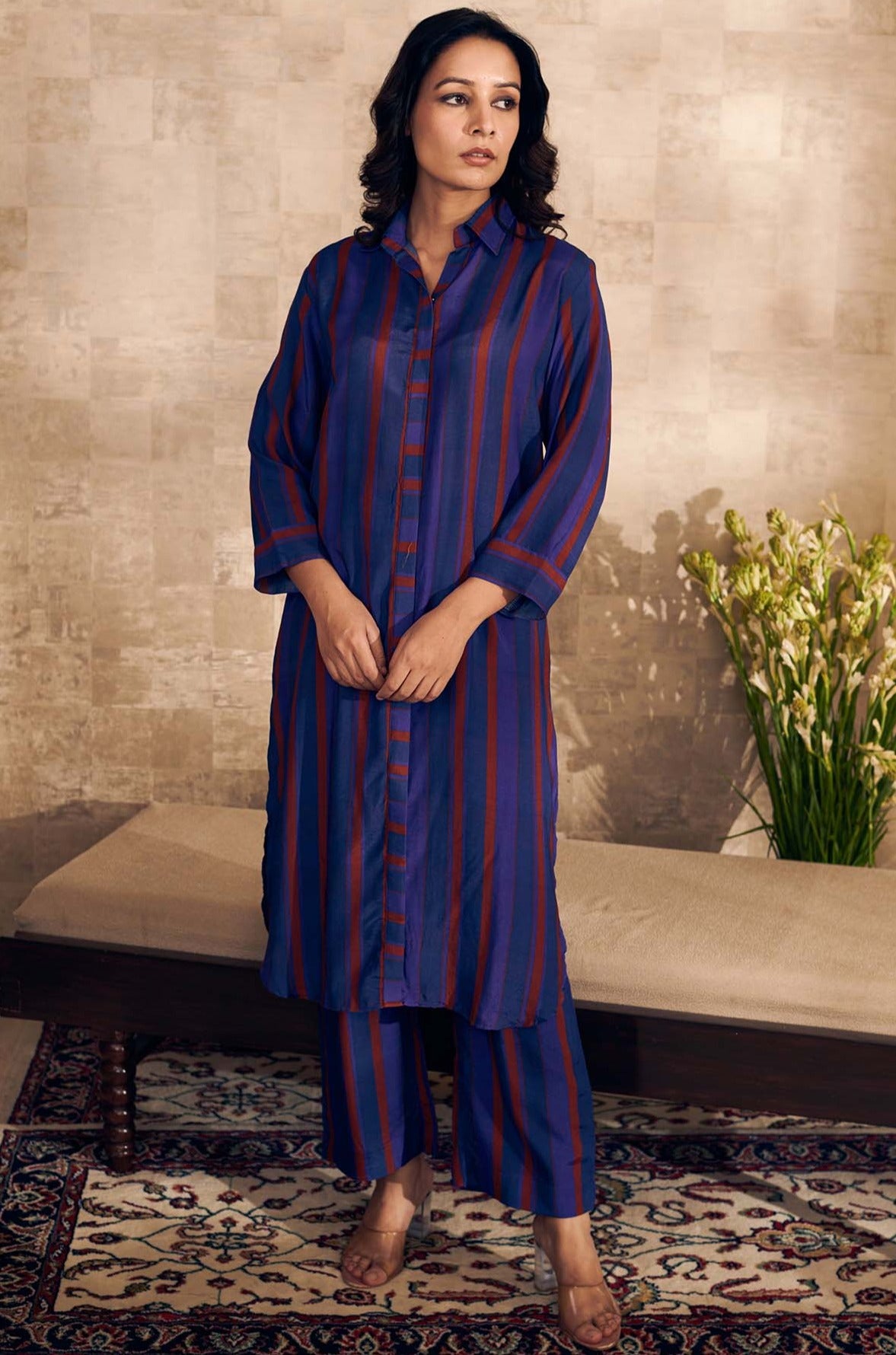 Blue Cotton Silk Printed Striped Collared Kurta And Pant Set