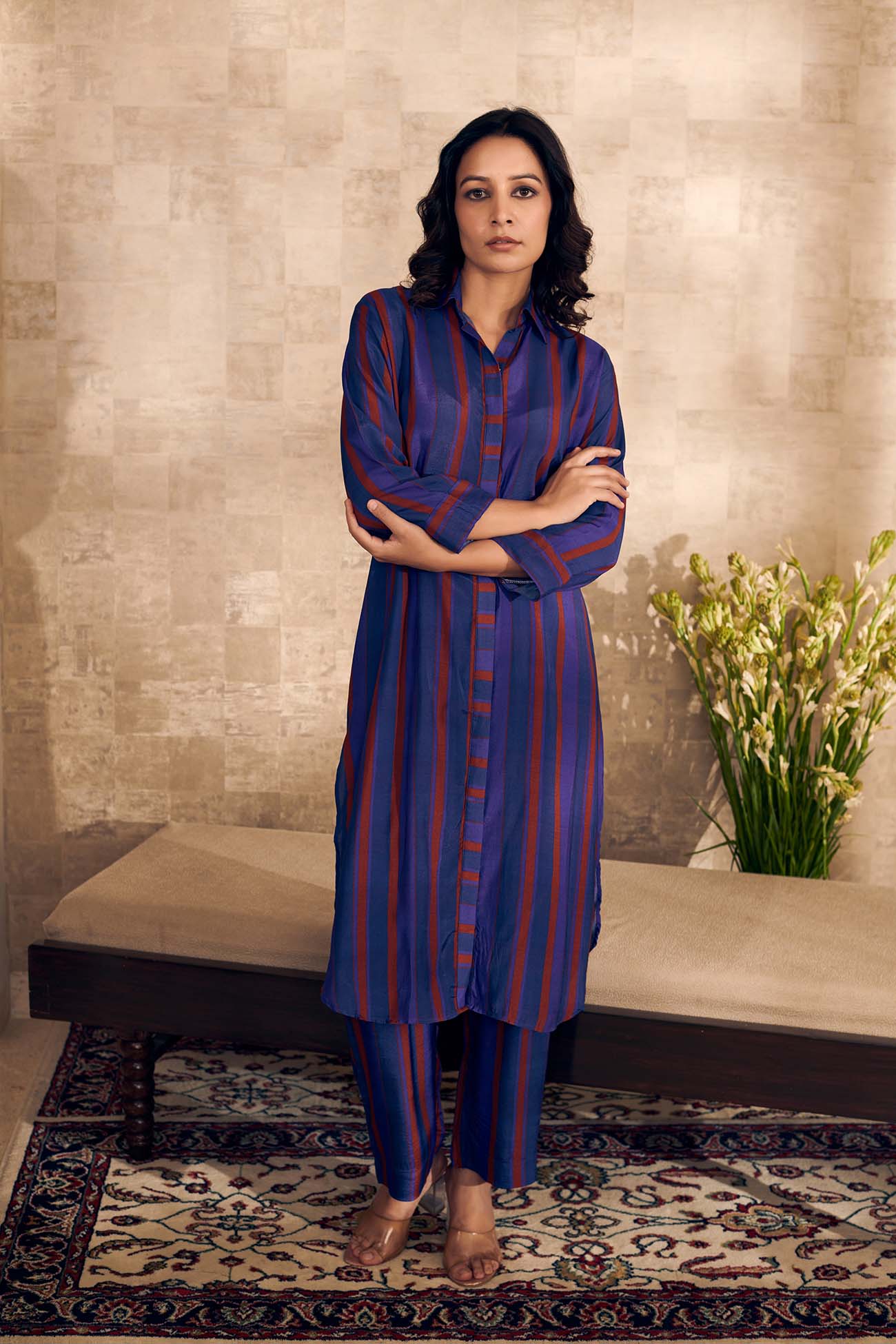 Blue Cotton Silk Printed Striped Collared Kurta And Pant Set