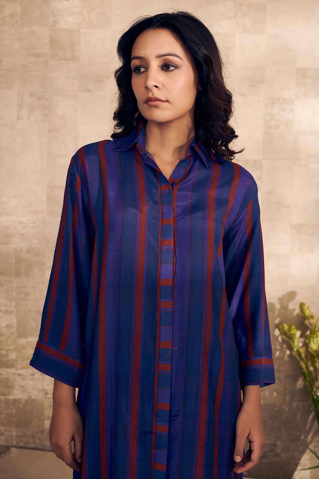 Blue Cotton Silk Printed Striped Collared Kurta And Pant Set