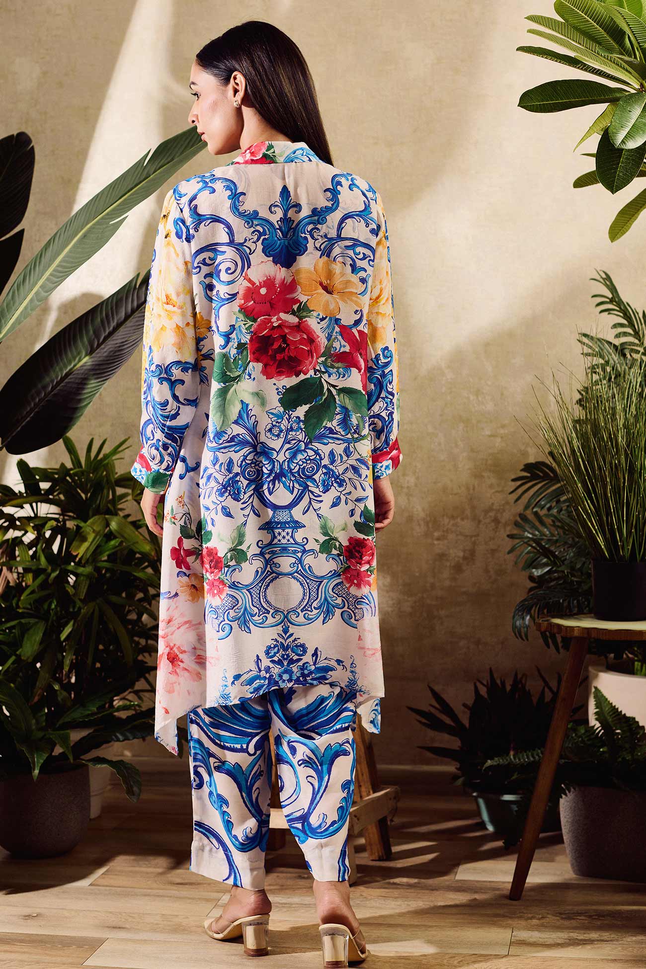 Blue Cotton Silk Print Floral Collared Neck Flower Garden Long Shirt With Pant