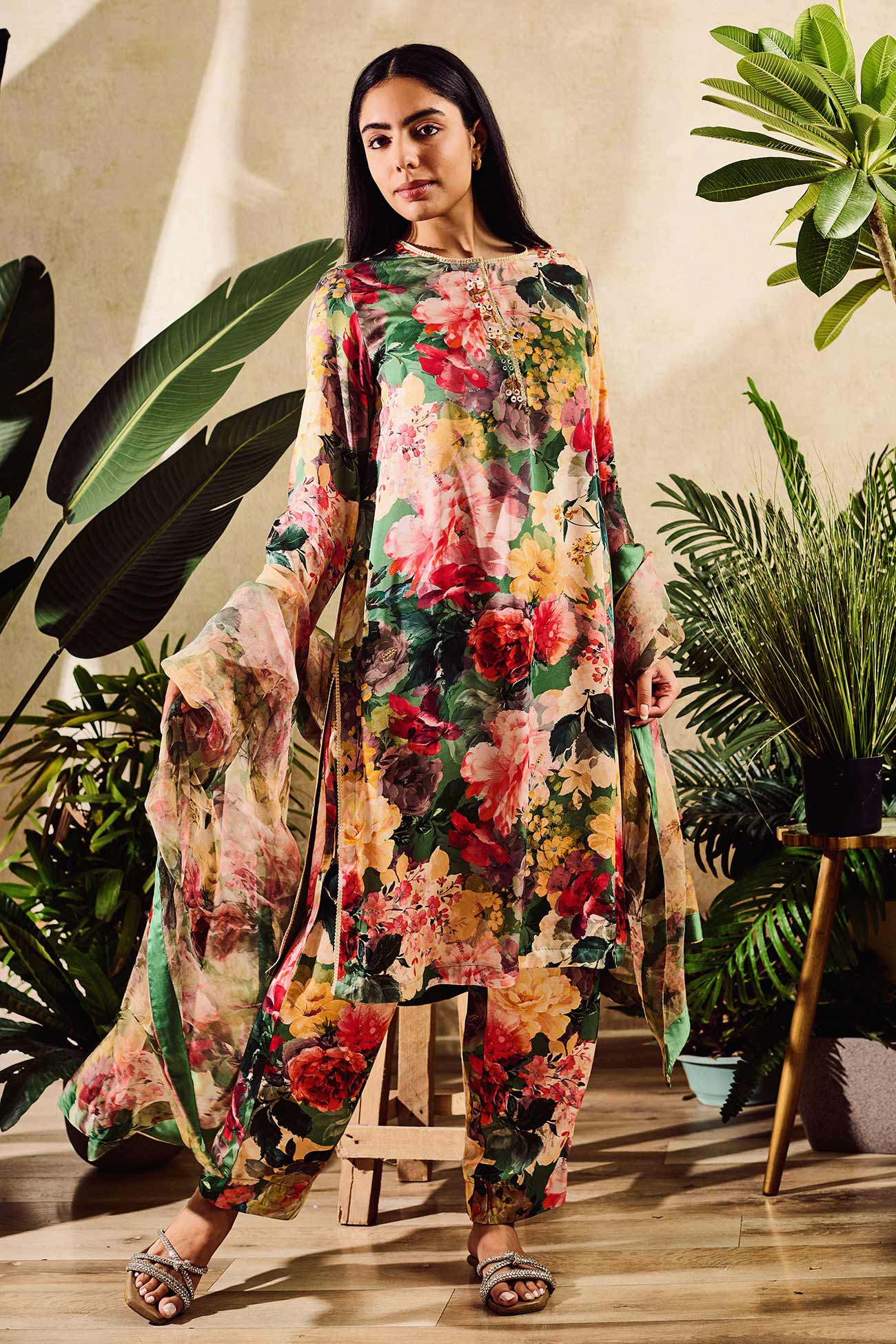 Multi Color Cupro Satin Print Floral Round Watercolor Garden Kurta And Pant Set