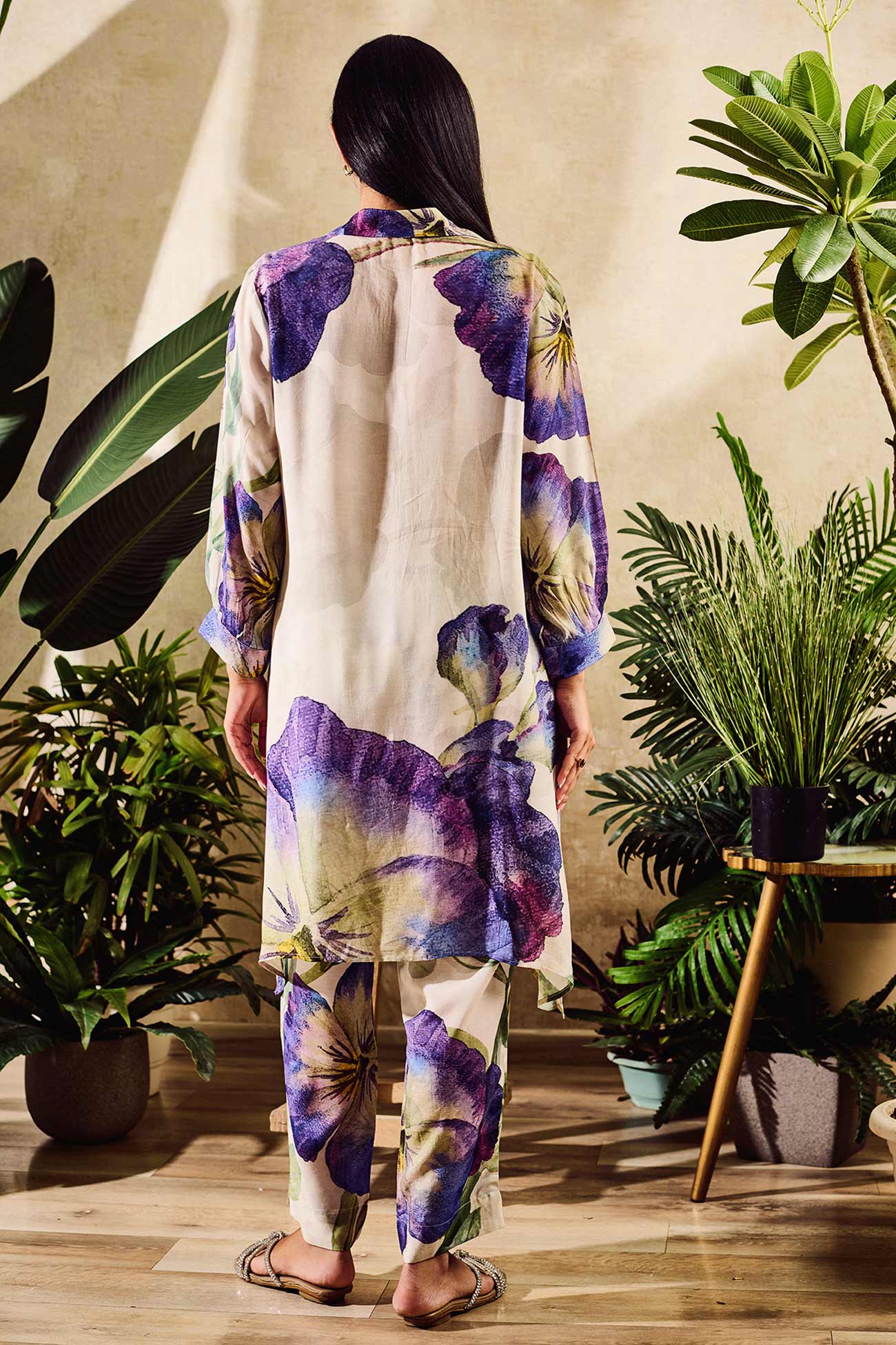 Green Scarf Chiffon Printed Floral Collared Asymmetric Kurta Set With