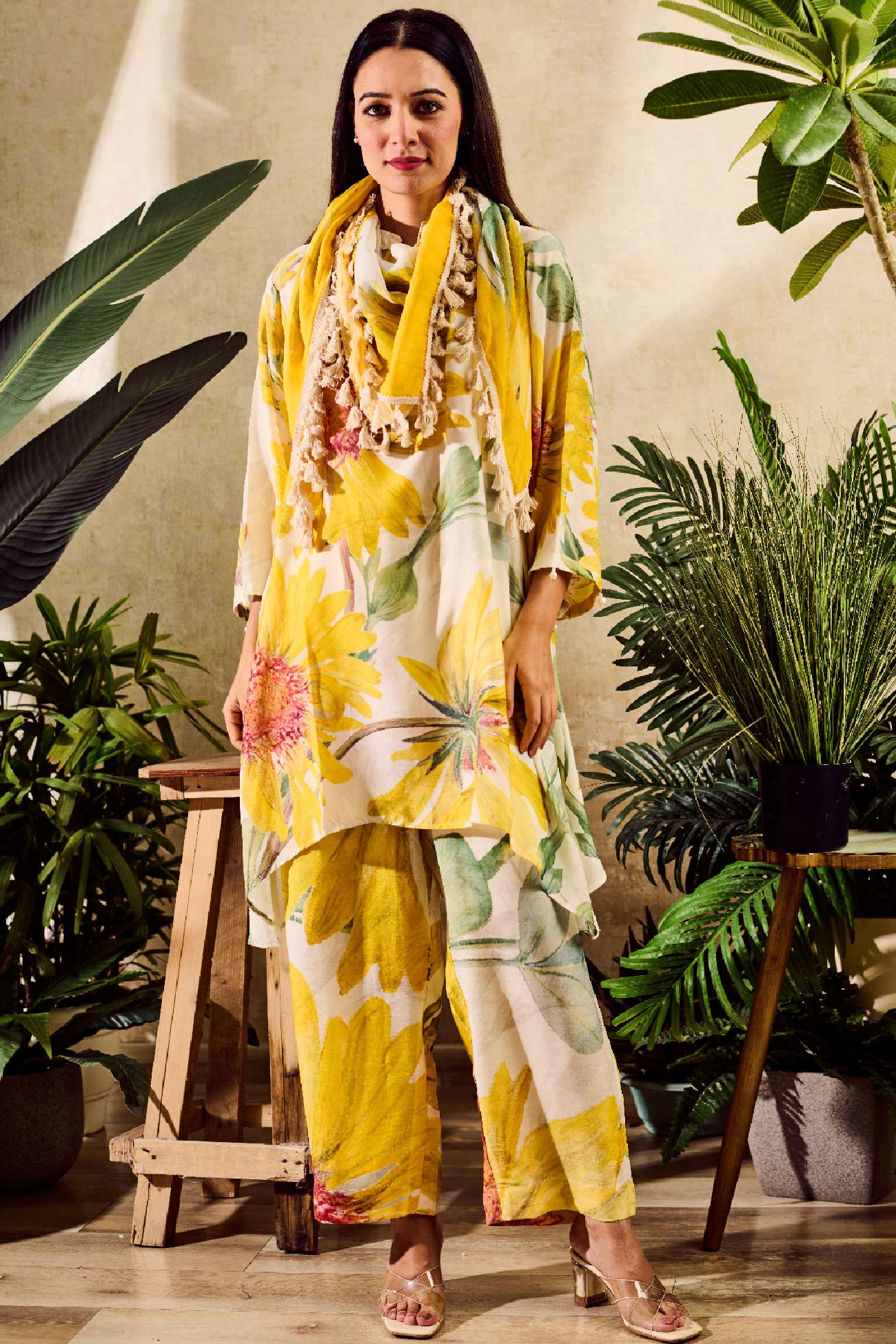 Cupro Satin Yellow Sun Flower Print Notched Collar Kurta Pant Set