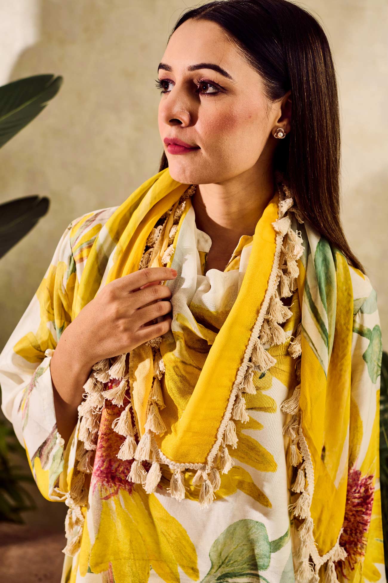 Cupro Satin Yellow Sun Flower Print Notched Collar Kurta Pant Set