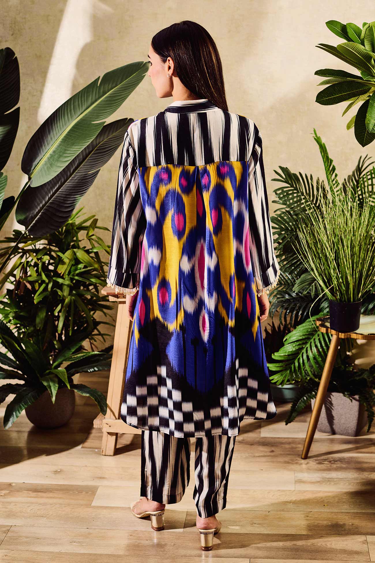 Multi Color Cotton Silk Print Abstract Collared Neck Long Shirt With Pant