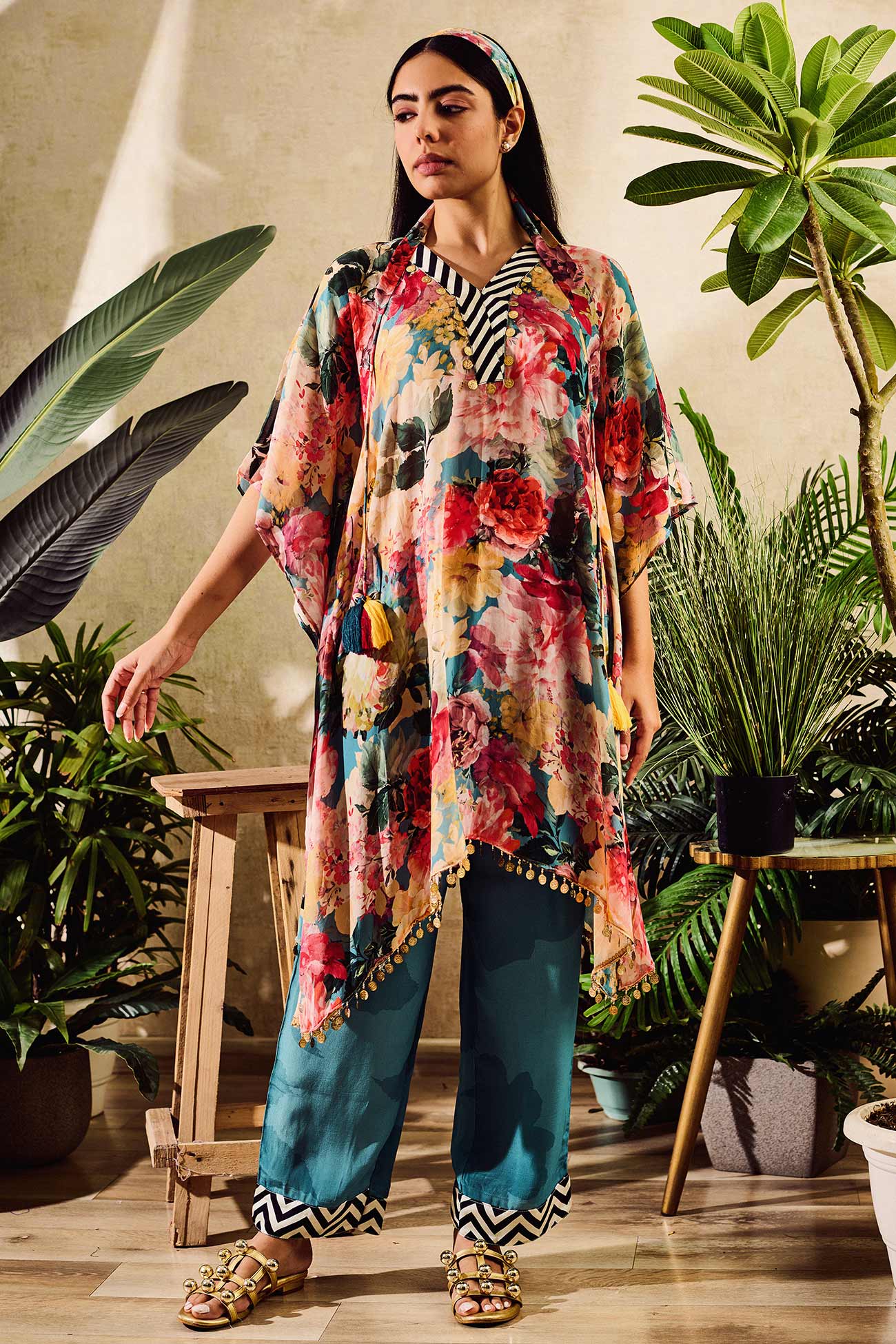 Sea Green Viscose Crepe Print Floral Kaftan Style Kurta And Pant Set