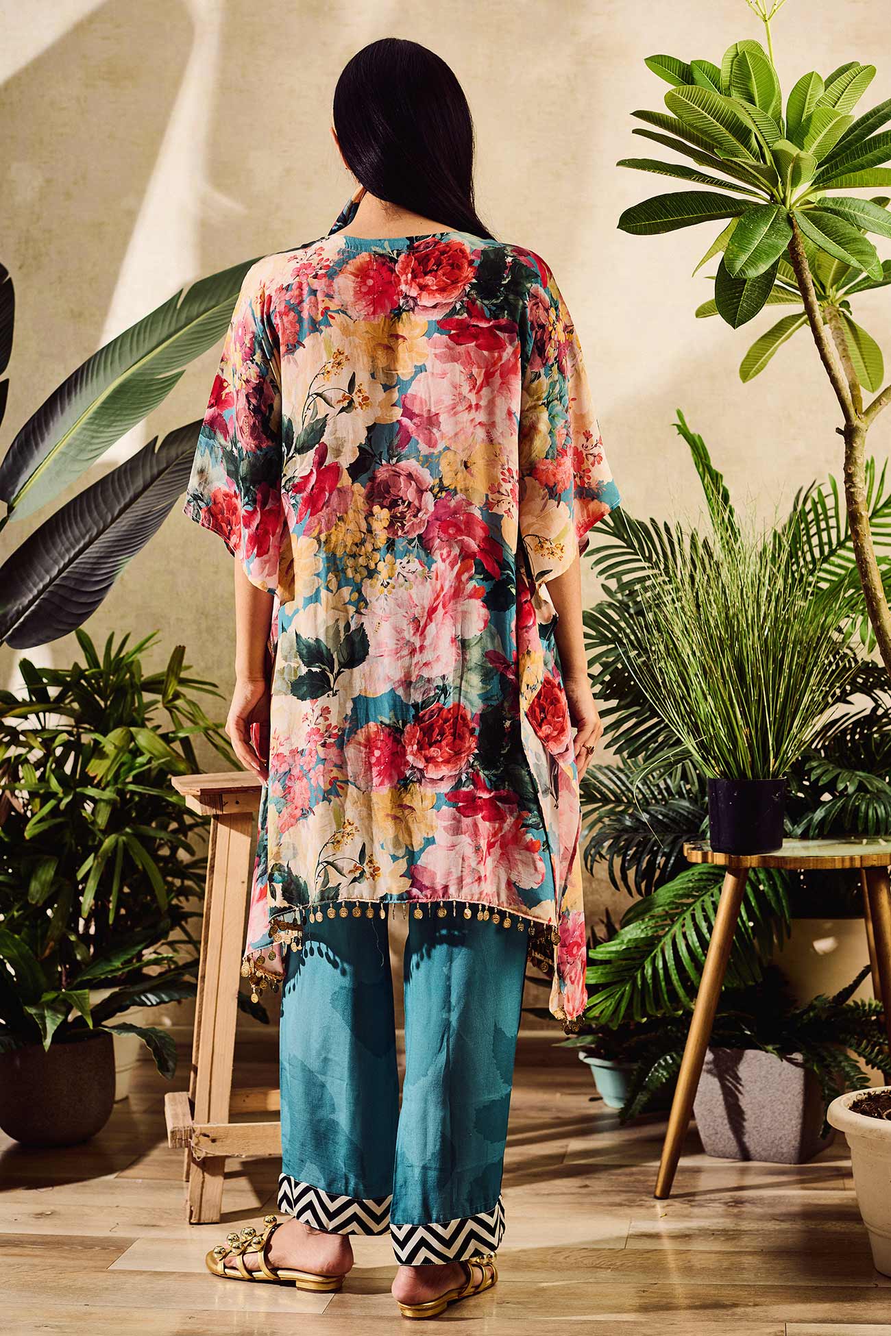 Sea Green Viscose Crepe Print Floral Kaftan Style Kurta And Pant Set
