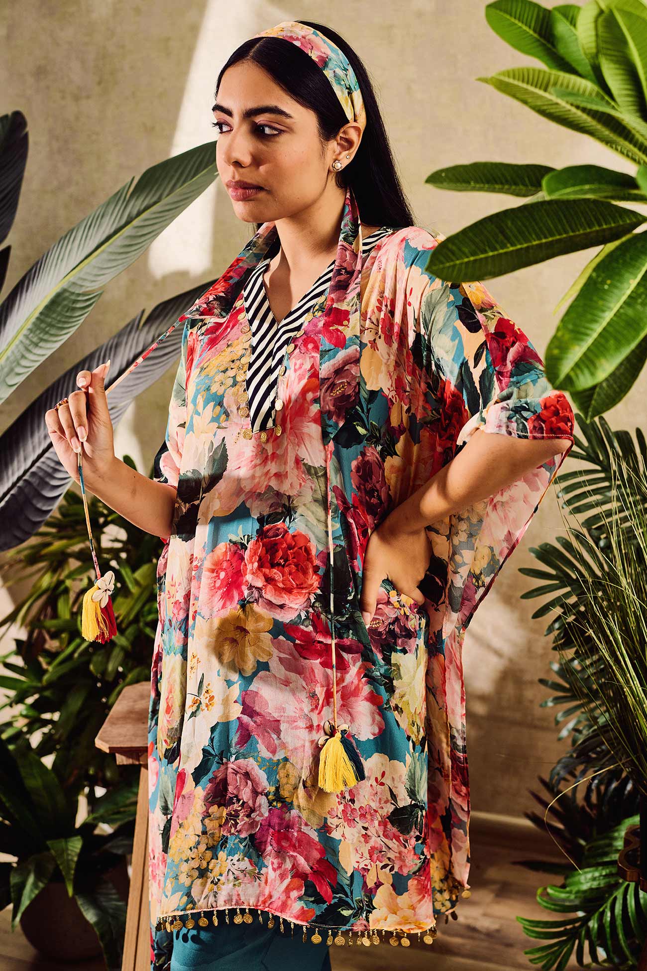Sea Green Viscose Crepe Print Floral Kaftan Style Kurta And Pant Set