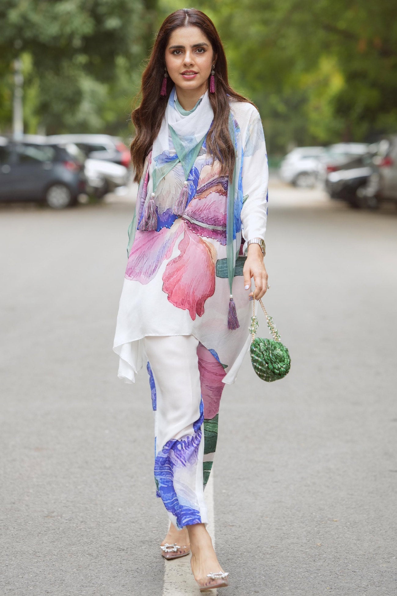 White Scarf Chiffon Printed Floral Mandarin Asymmetric Kurta Pant Set