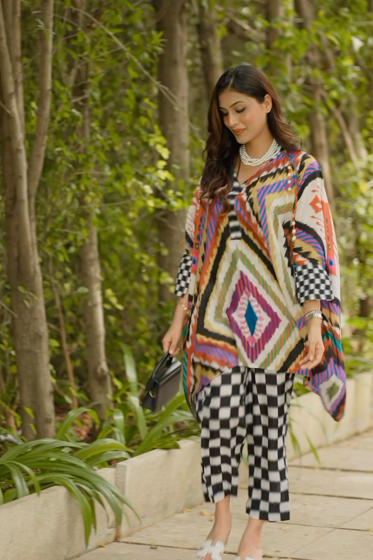 Multi Color Cotton Silk Printed Geometric Notched Round Kaftan With Pant