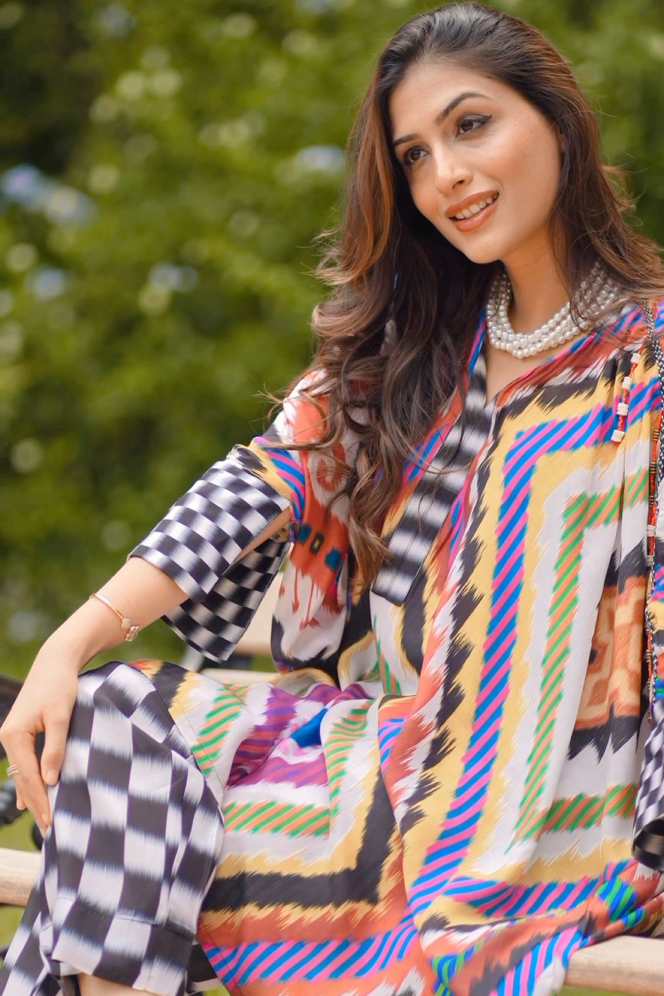 Multi Color Cotton Silk Printed Geometric Notched Round Kaftan With Pant