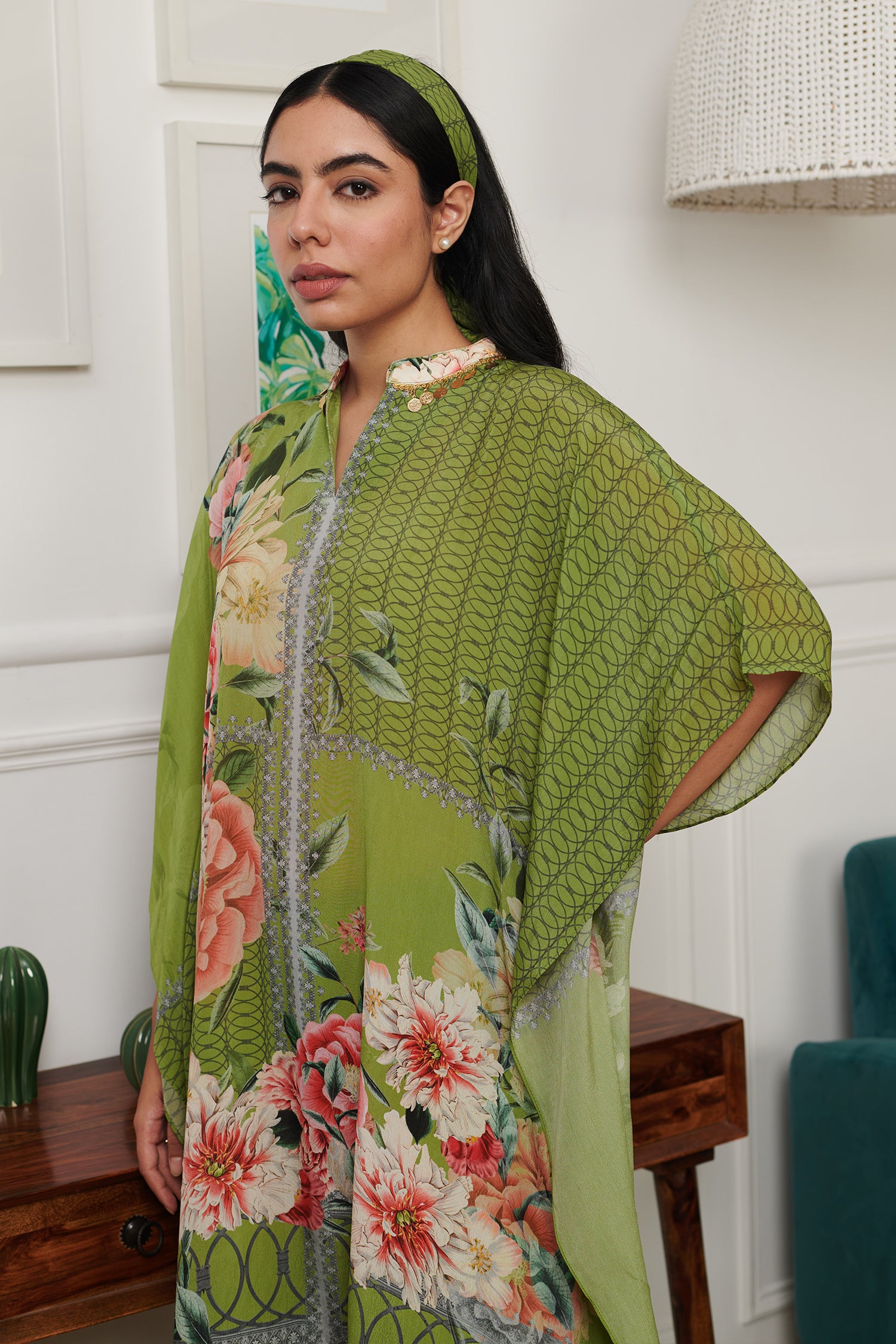 Green Crepe Floral Print V Neck Kaftan With Pants And A Belt