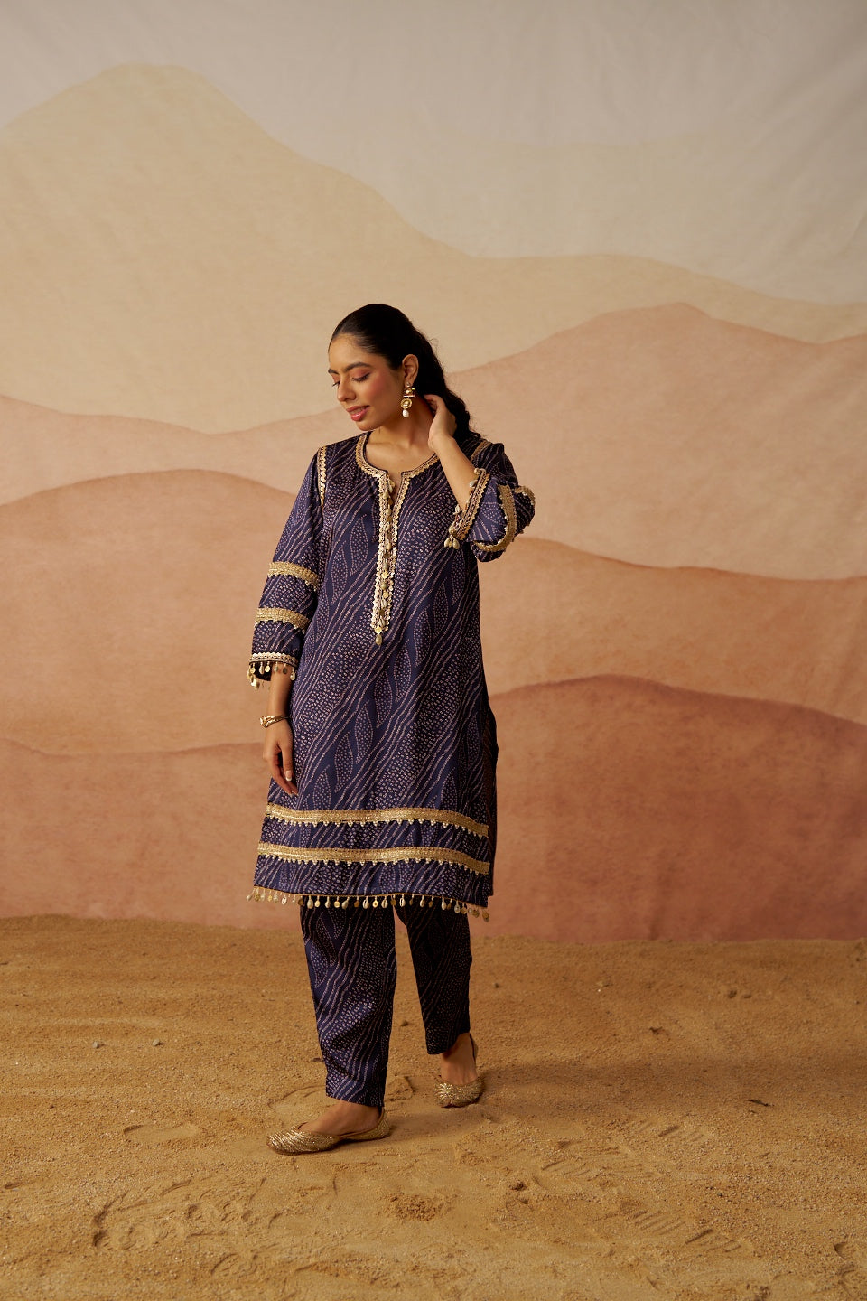 Blue Leheriya Bandhani Suit With Potli