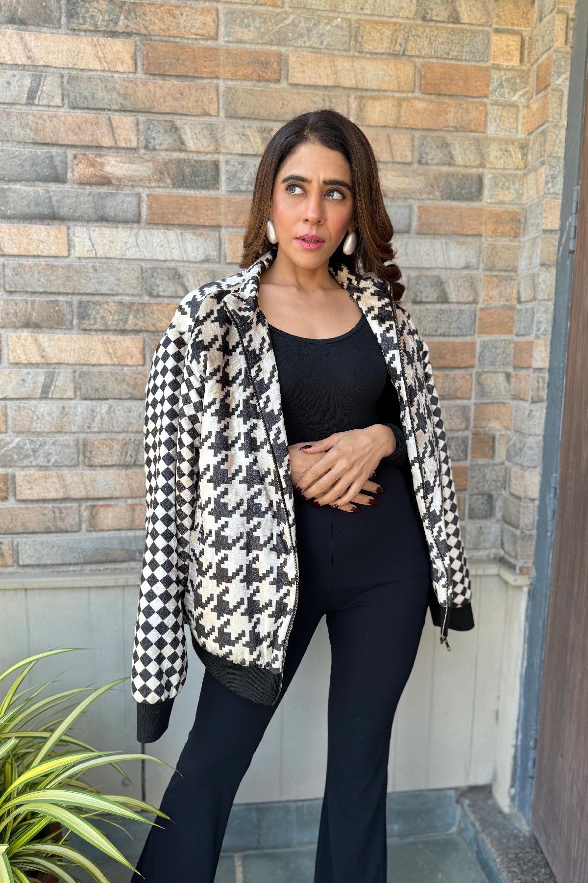 Houndstooth Velvet Bomber Jacket
