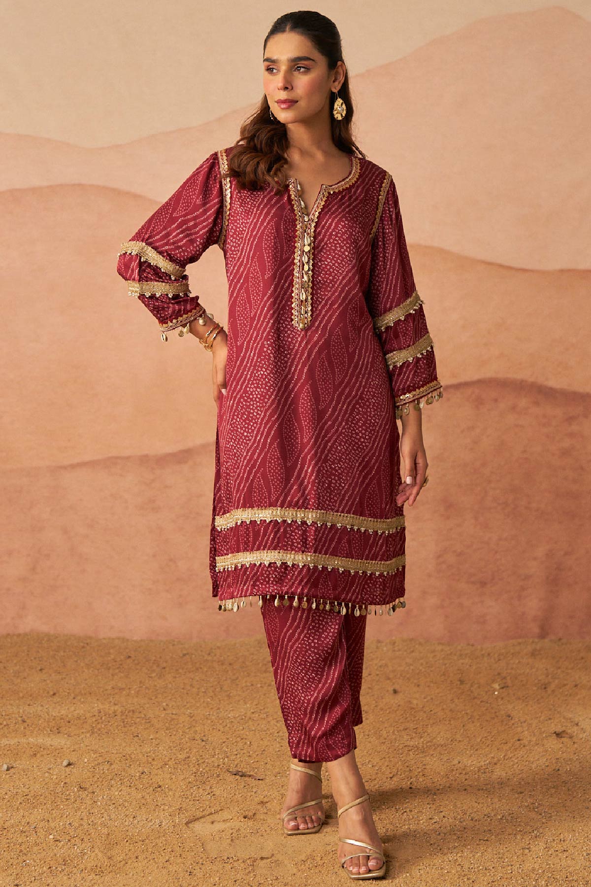 Red Leheriya Bandhani Suit With Potli