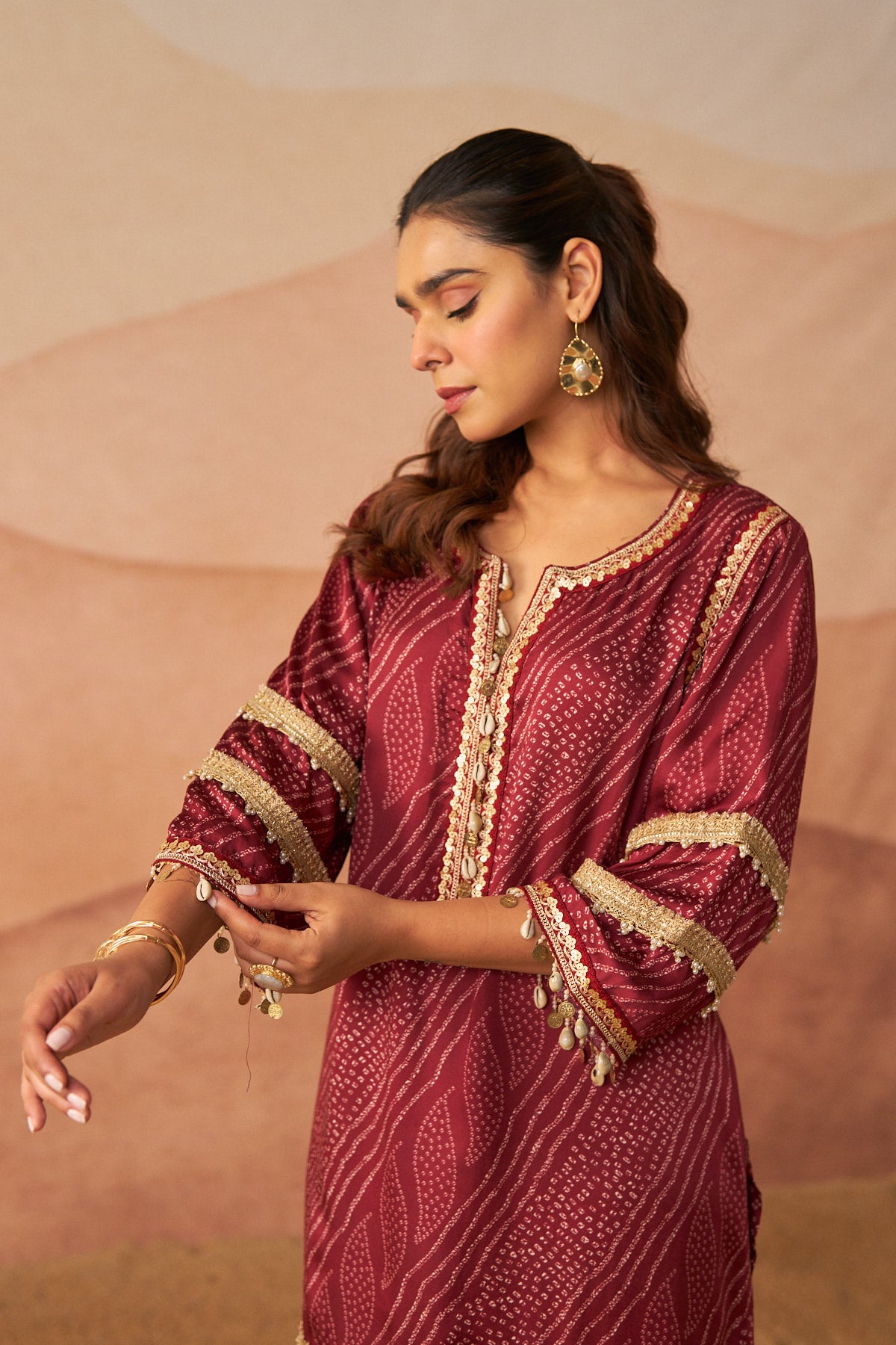 Red Leheriya Bandhani Suit With Potli