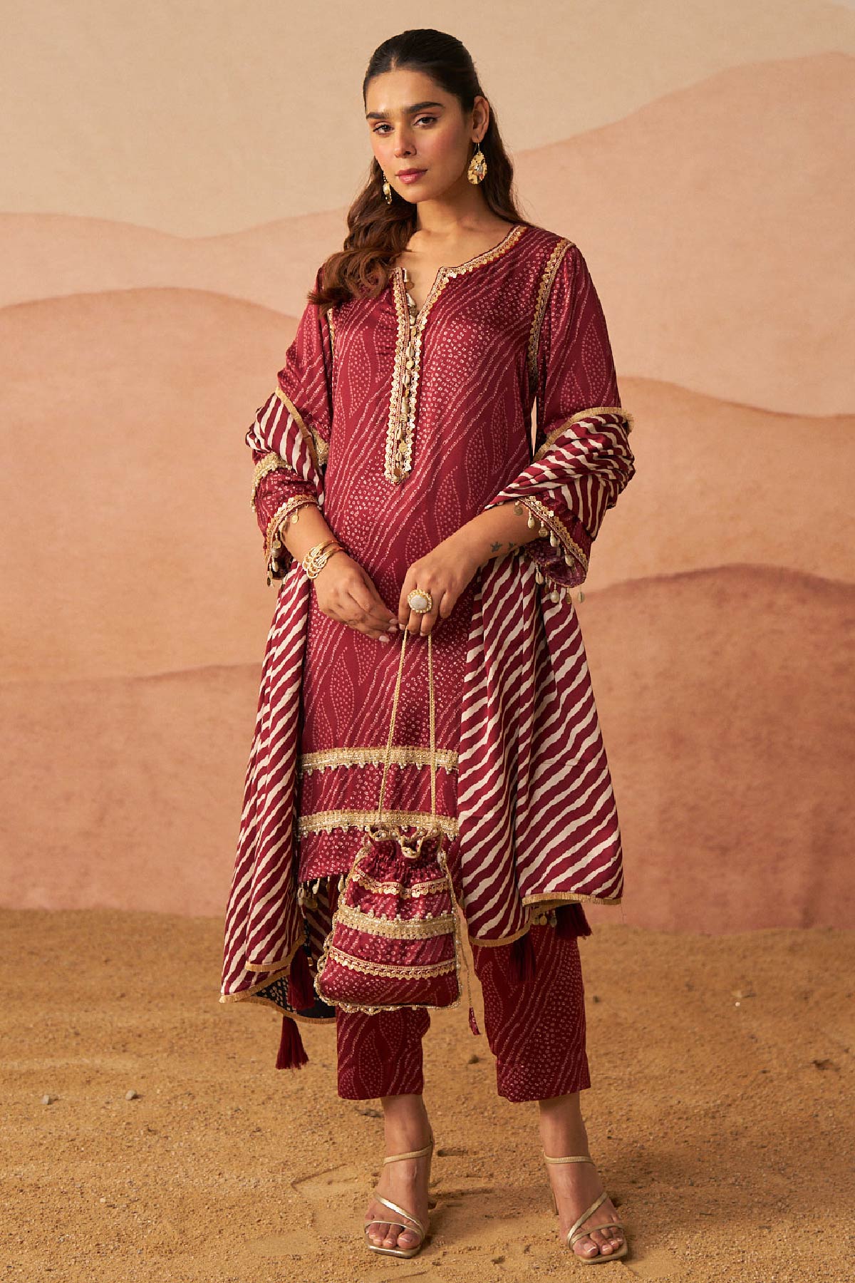 Red Leheriya Bandhani Suit With Potli And Dupatta