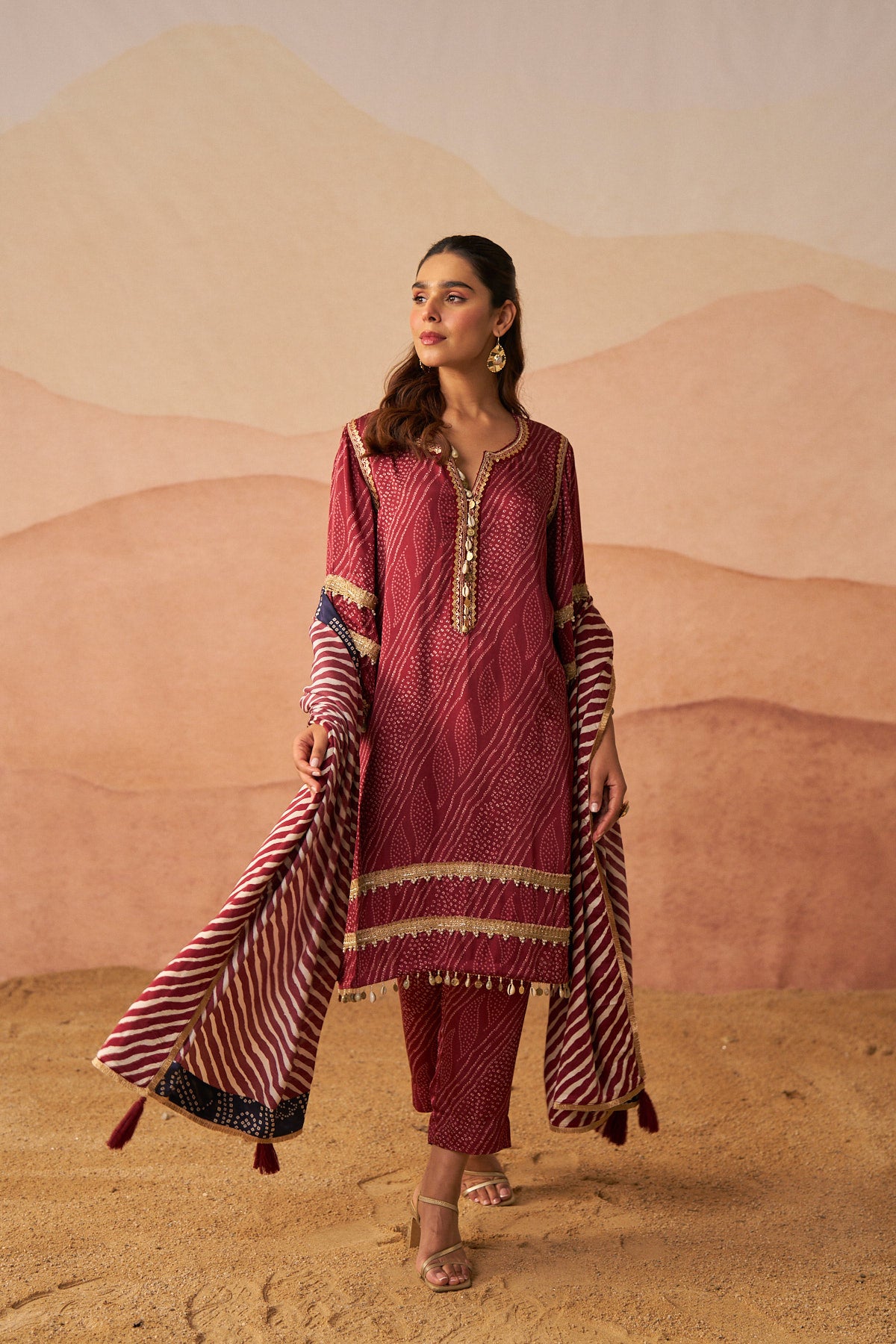 Red Leheriya Bandhani Suit With Potli And Dupatta