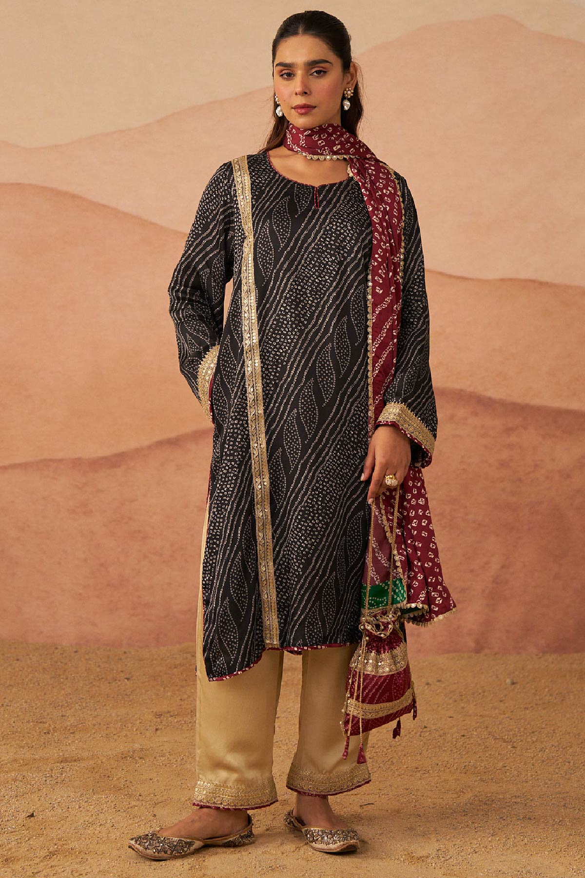 Gharchola Bandhej Phiran Set With Potli  And Maroon Dupatta