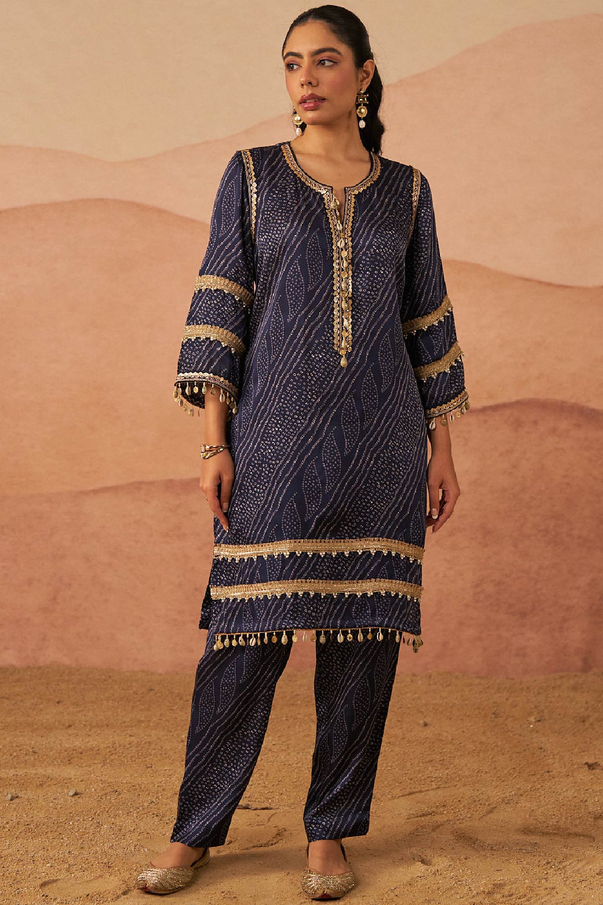 Blue Leheriya Bandhani Suit With Potli