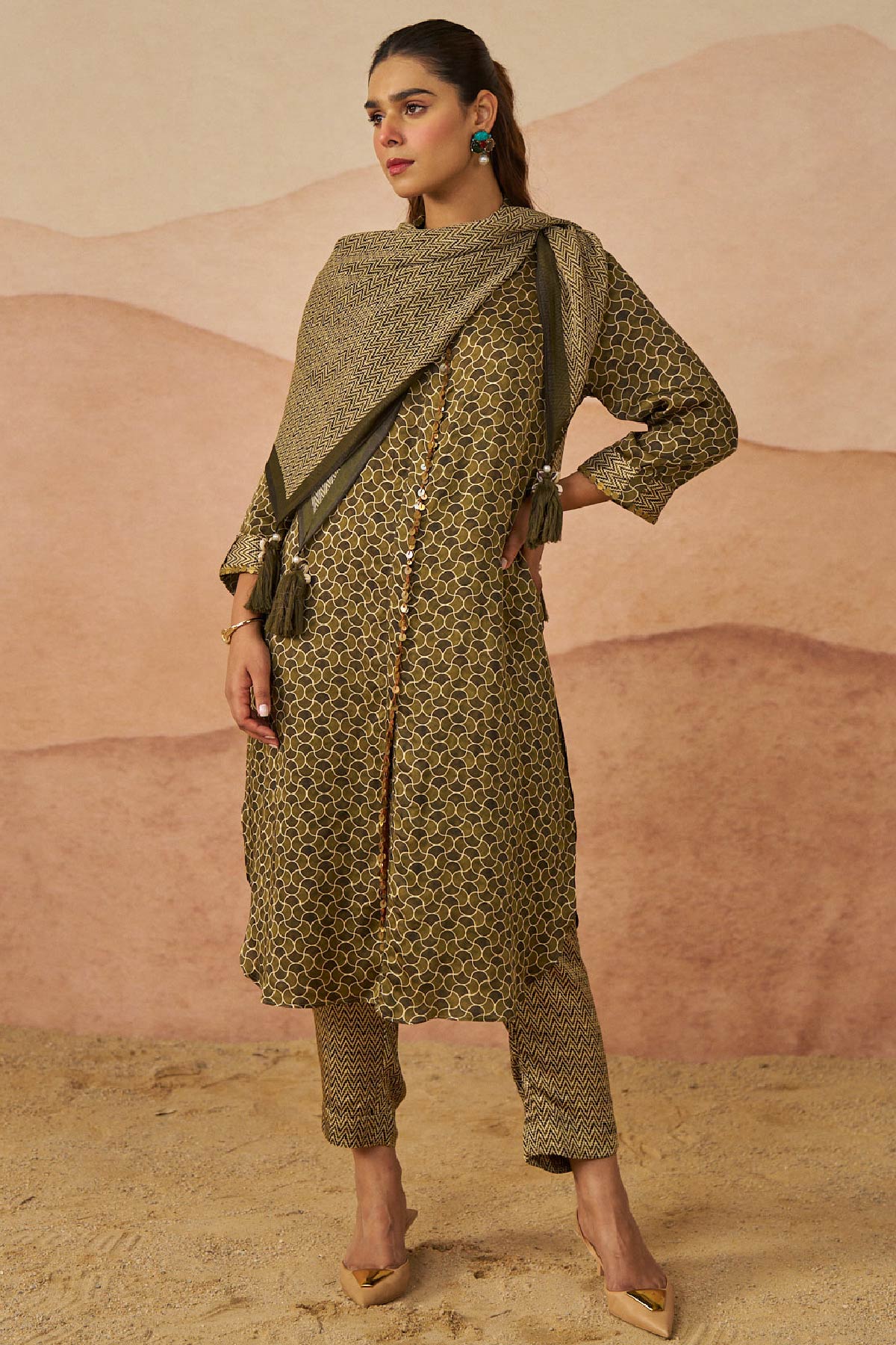 Geometry Ajrakh Pathani Set With Scarf And Potli