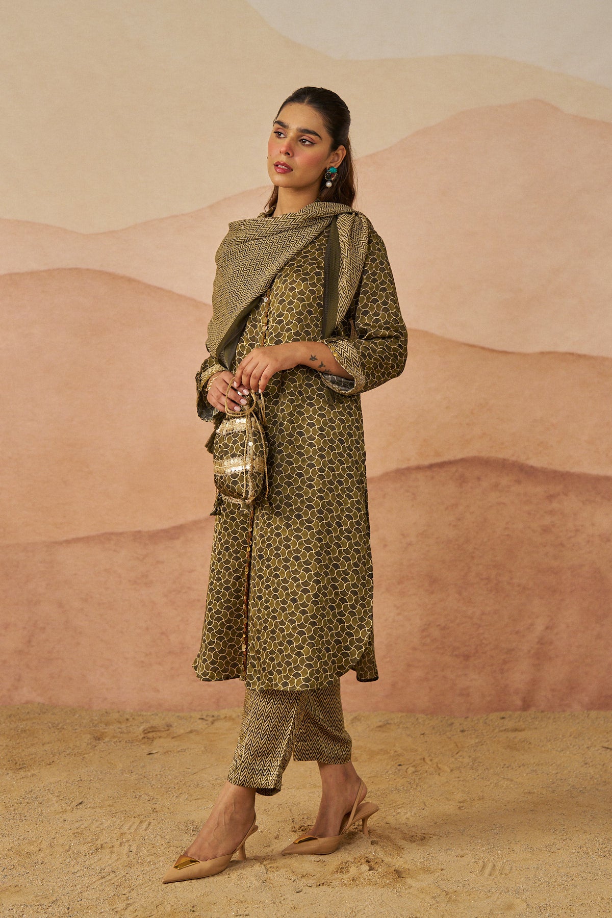 Geometry Ajrakh Pathani Set With Scarf And Potli