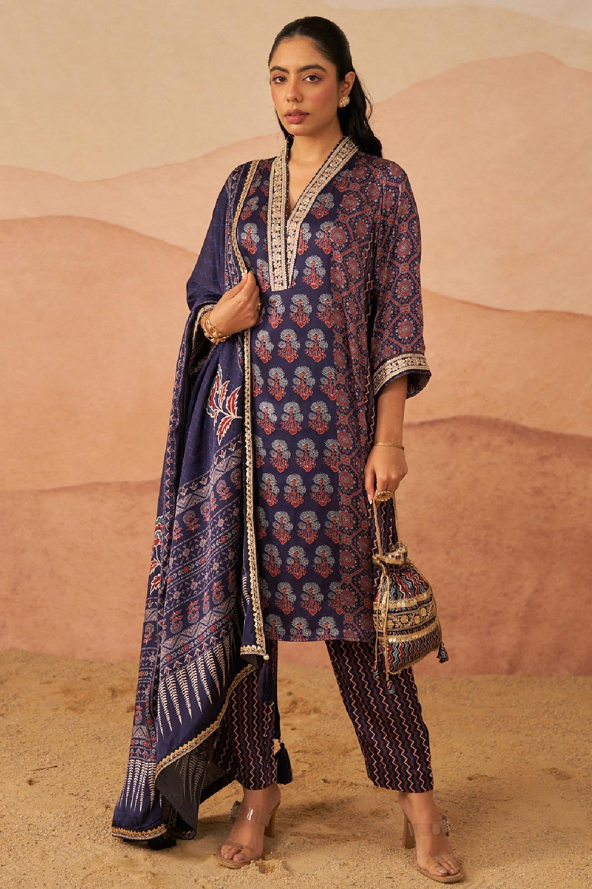 Floral Buta Ajrakh Set With Potli And Dupatta