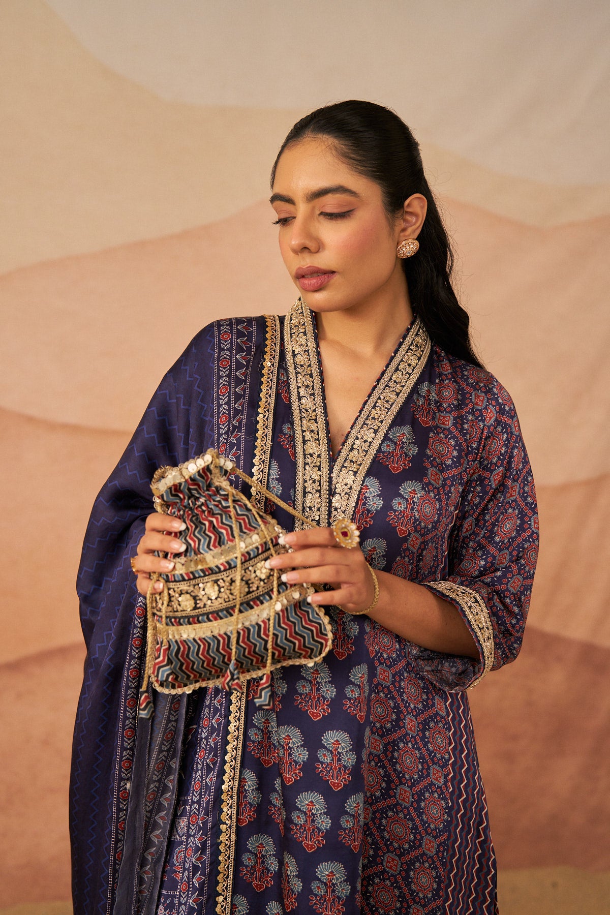 Floral Buta Ajrakh Set With Potli And Dupatta