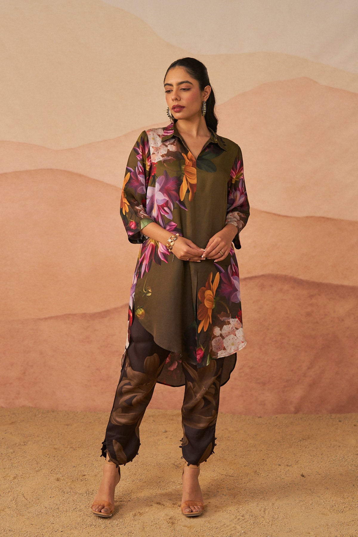 Audrey Brown satin botanical tunic set