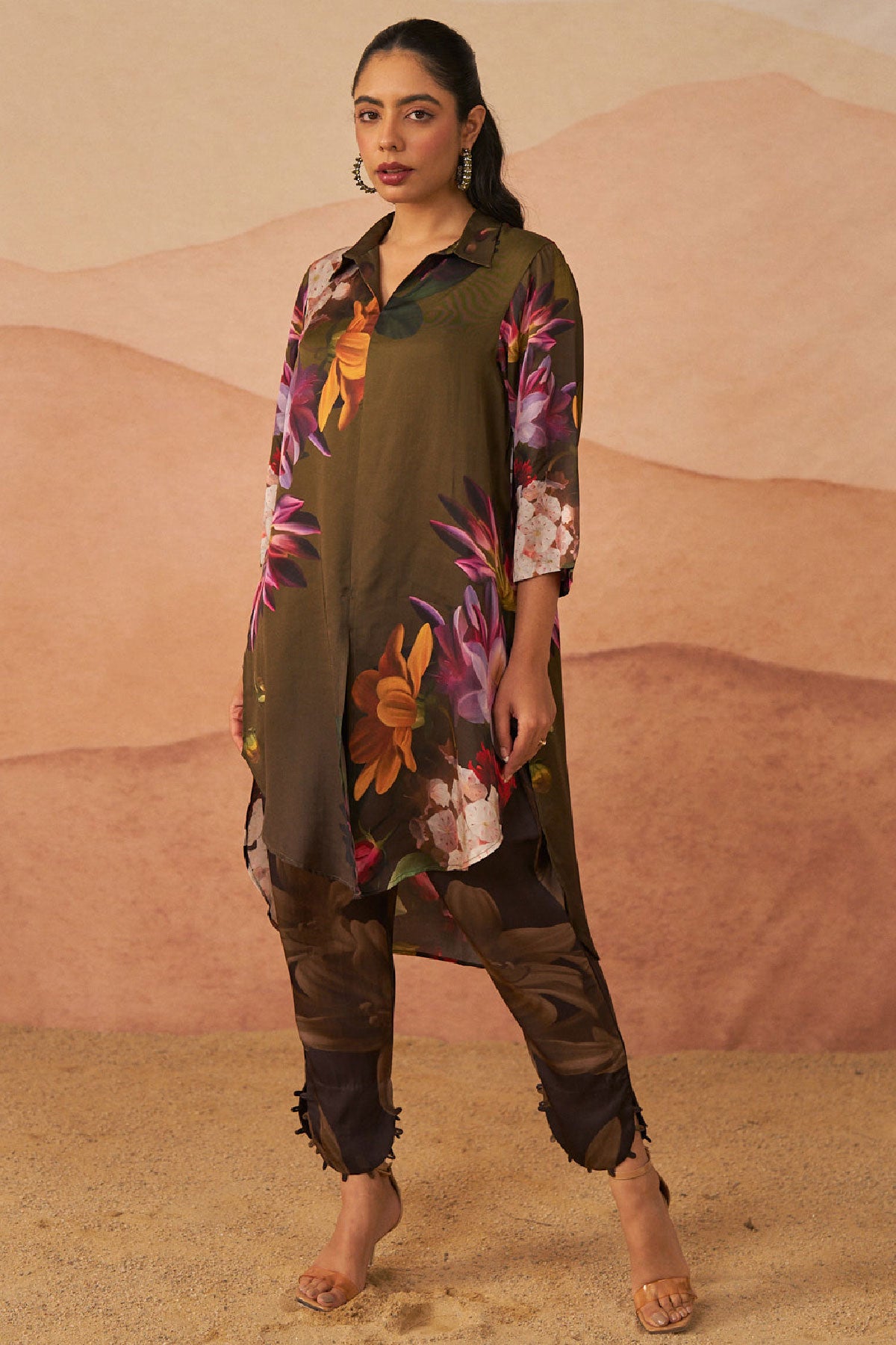 Audrey Brown satin botanical tunic set