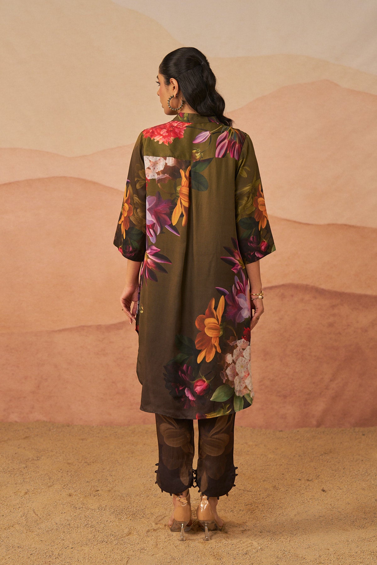 Audrey Brown satin botanical tunic set