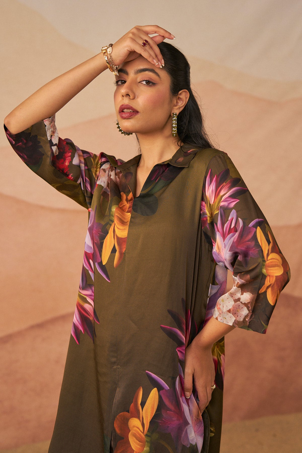 Audrey Brown satin botanical tunic set