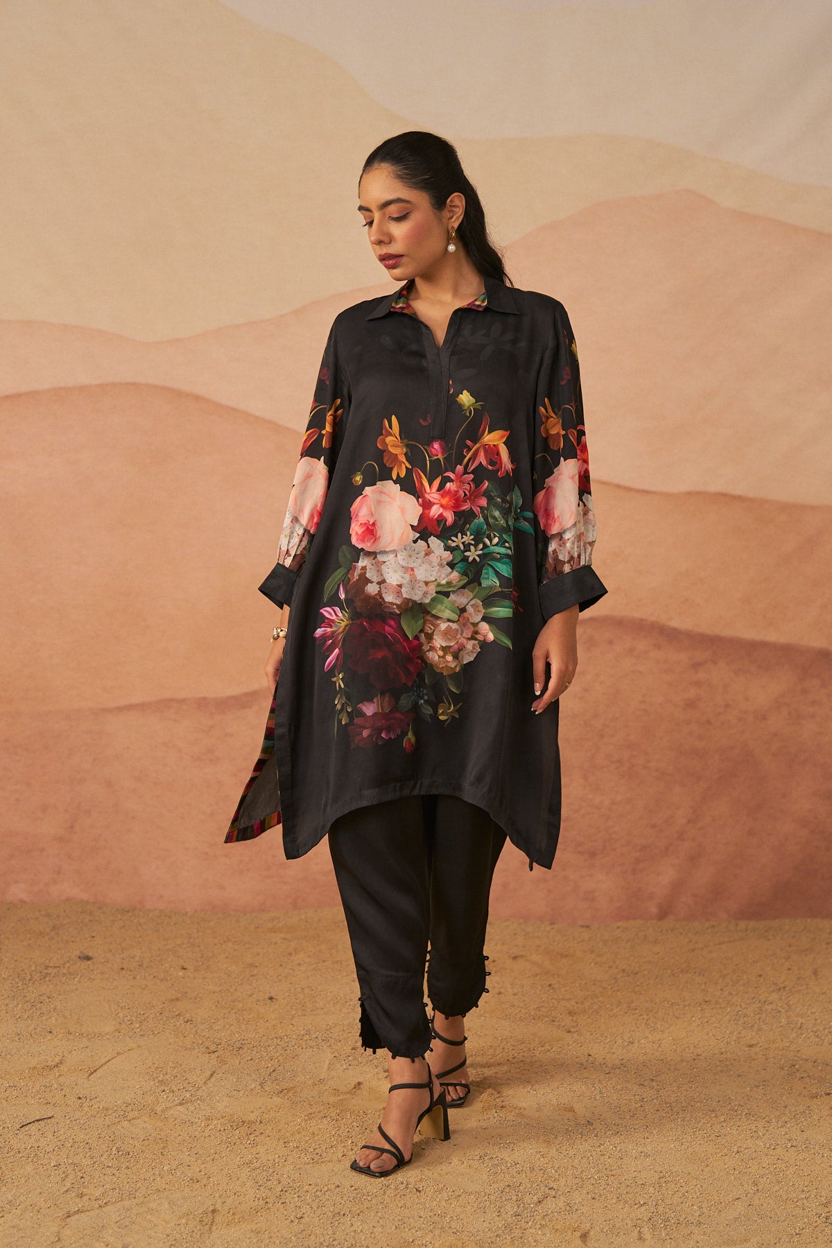 Christiana Black satin botanical tunic set